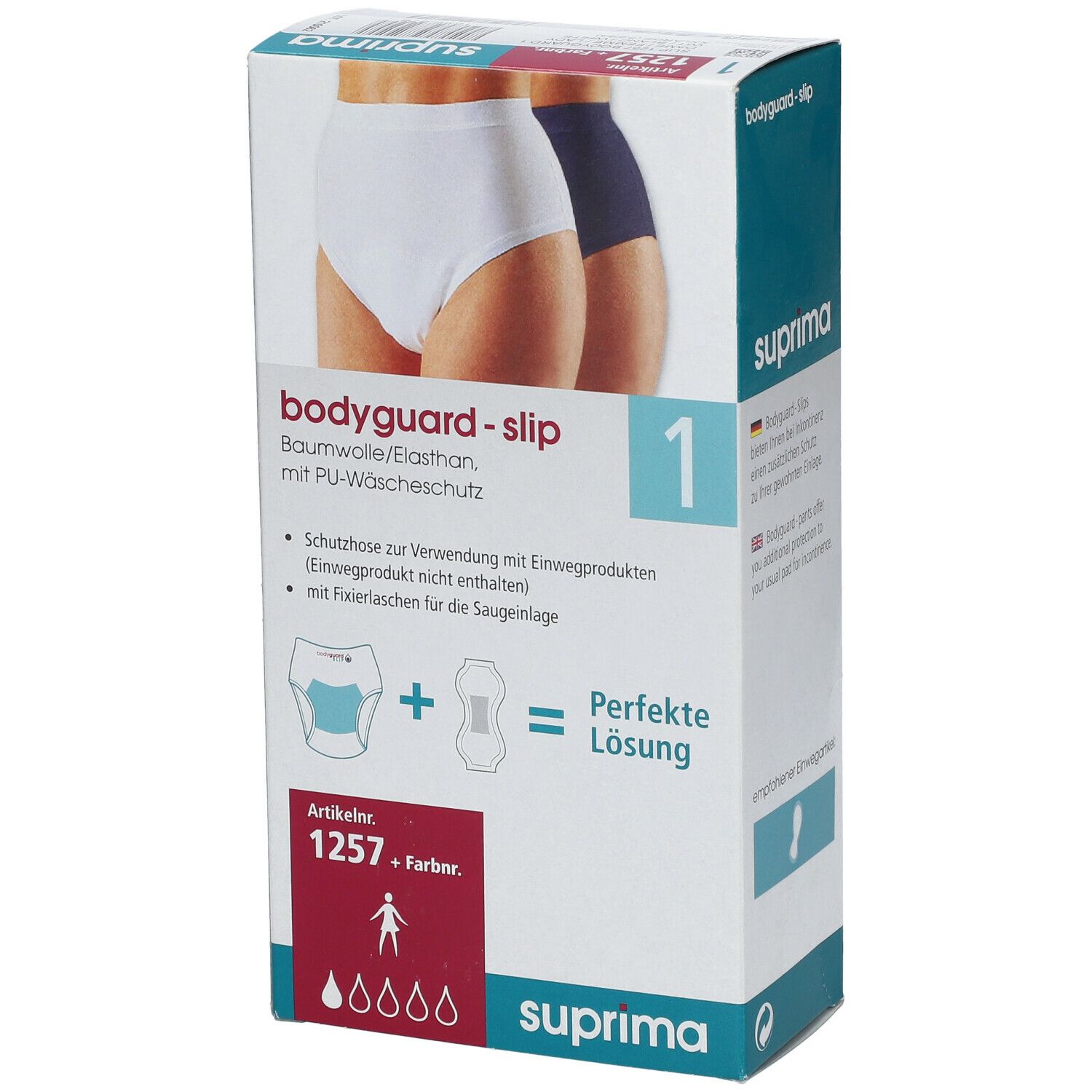 Emballage Bota Suprima 1257 Bodyguard Slip Dame 1 Blanc XL. Illustrations de slips. Texte : bodyguard-slip, suprima, solution parfaite.
