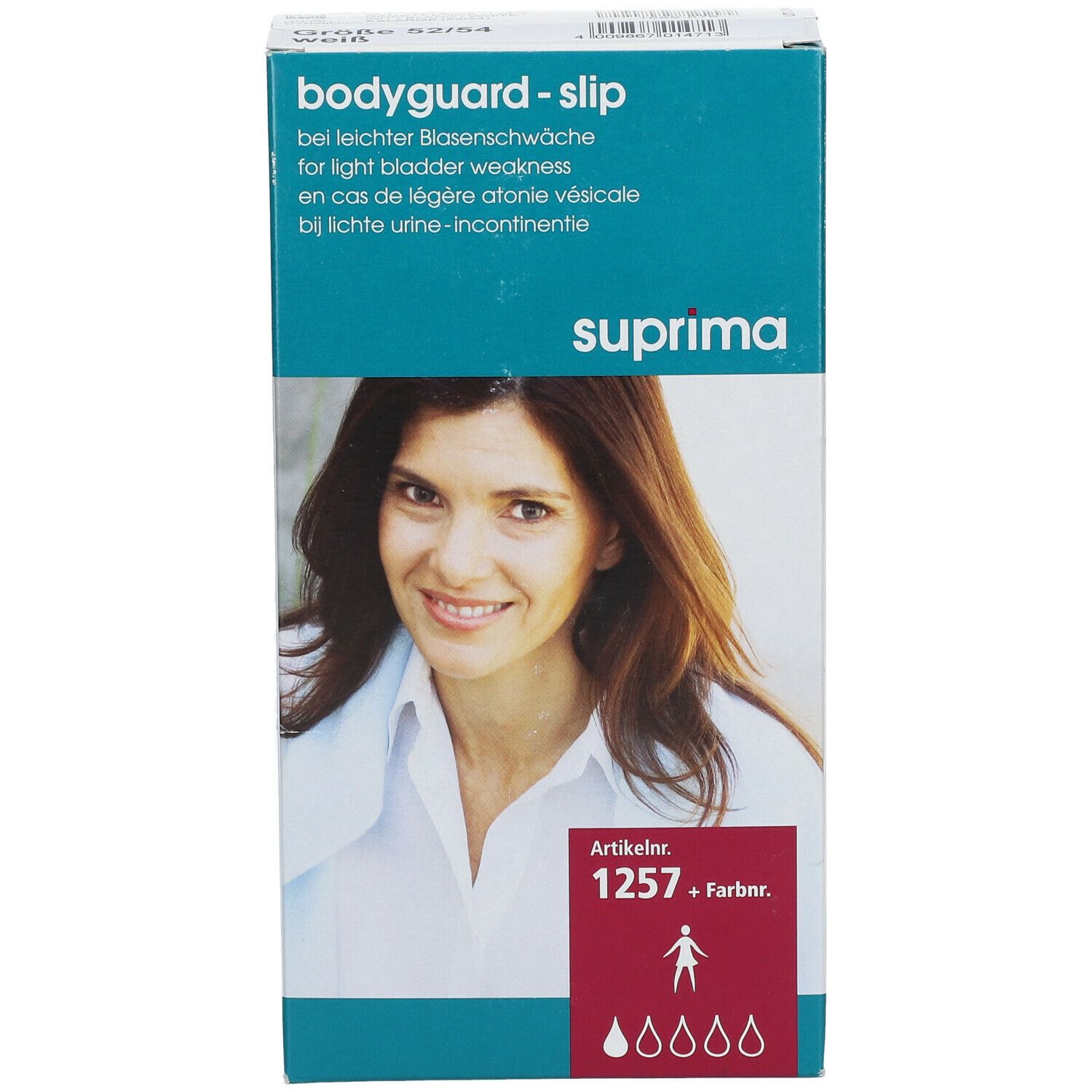 Emballage Bota Suprima 1257 Bodyguard Slip Dame 1 Blanc XL. Femme sur l'emballage. Texte : bodyguard-slip, suprima, numéro d'article.