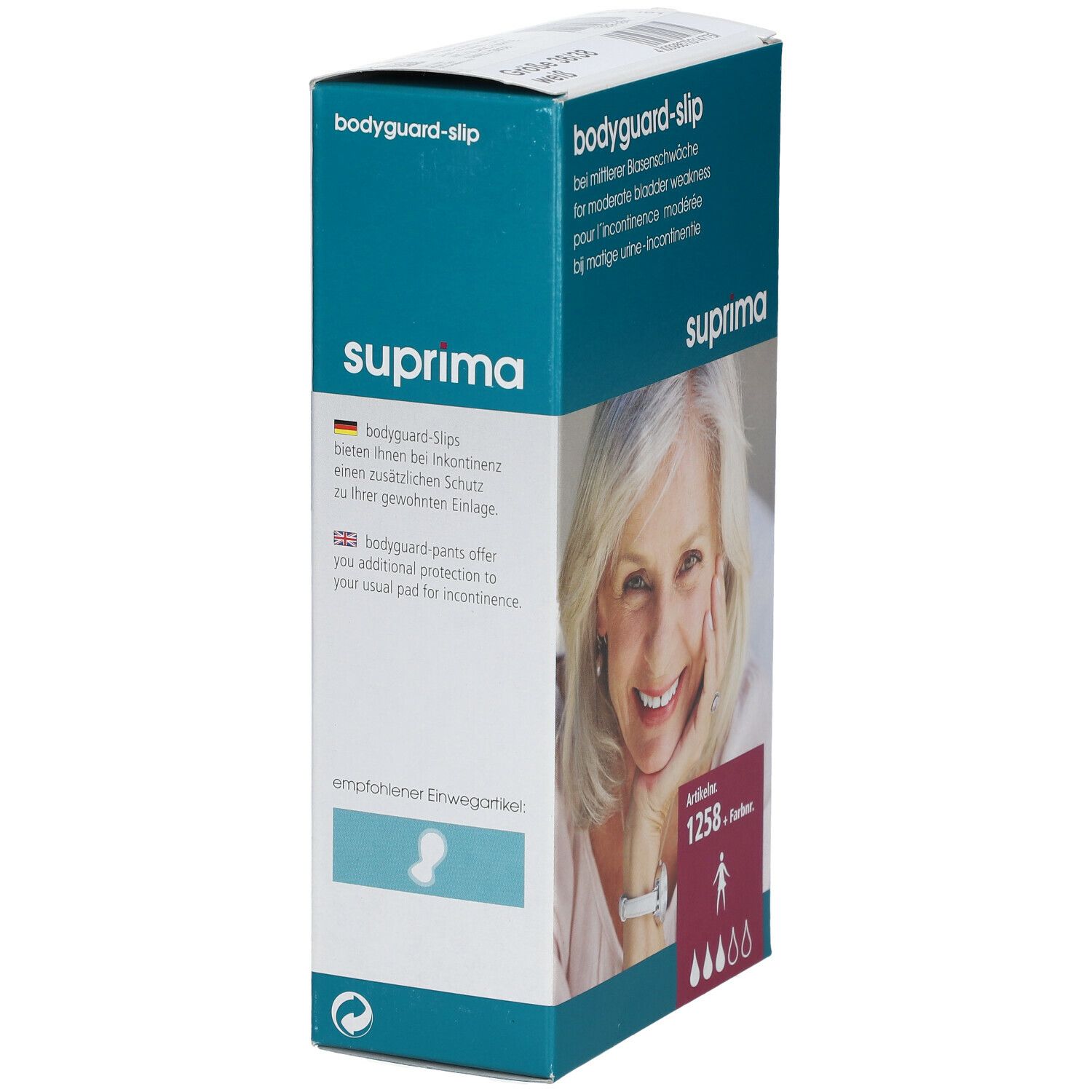 Boîte de slips Suprima Bodyguard. Une femme est représentée sur l'emballage. Numéro d'article 1258.
