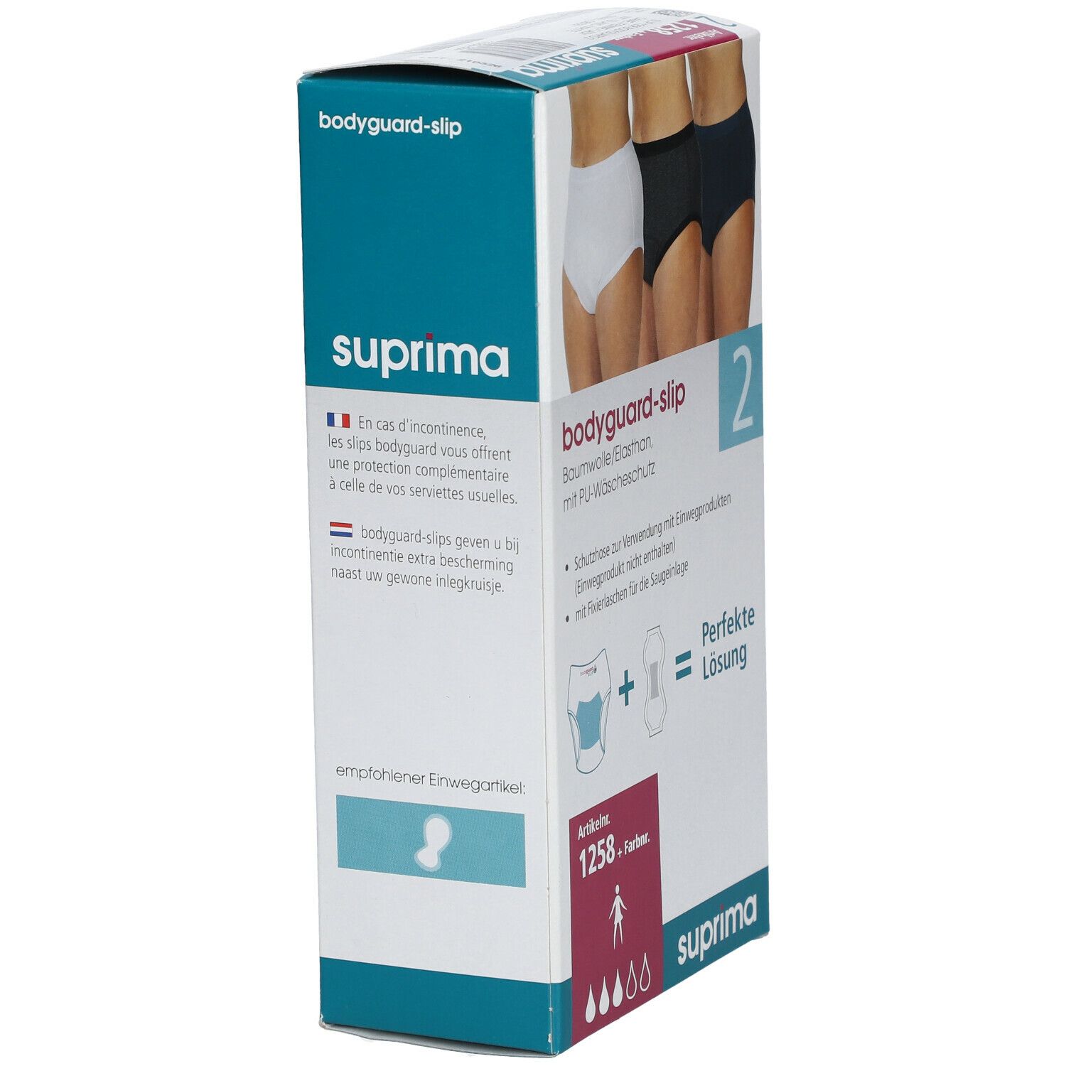 Boîte de slips Suprima Bodyguard. Trois slips en blanc, noir et bleu sont représentés. Numéro d'article 1258.