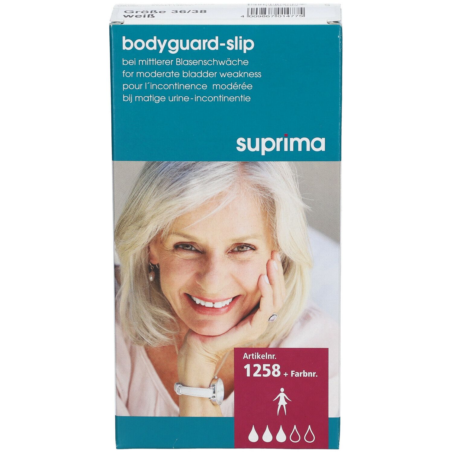 Boîte de slips Suprima Bodyguard. Une femme est représentée sur l'emballage. Numéro d'article 1258.