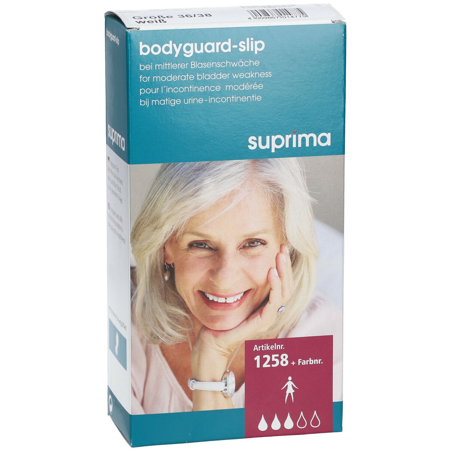 Boîte de slips Suprima Bodyguard. Une femme est représentée sur l'emballage. Numéro d'article 1258.
