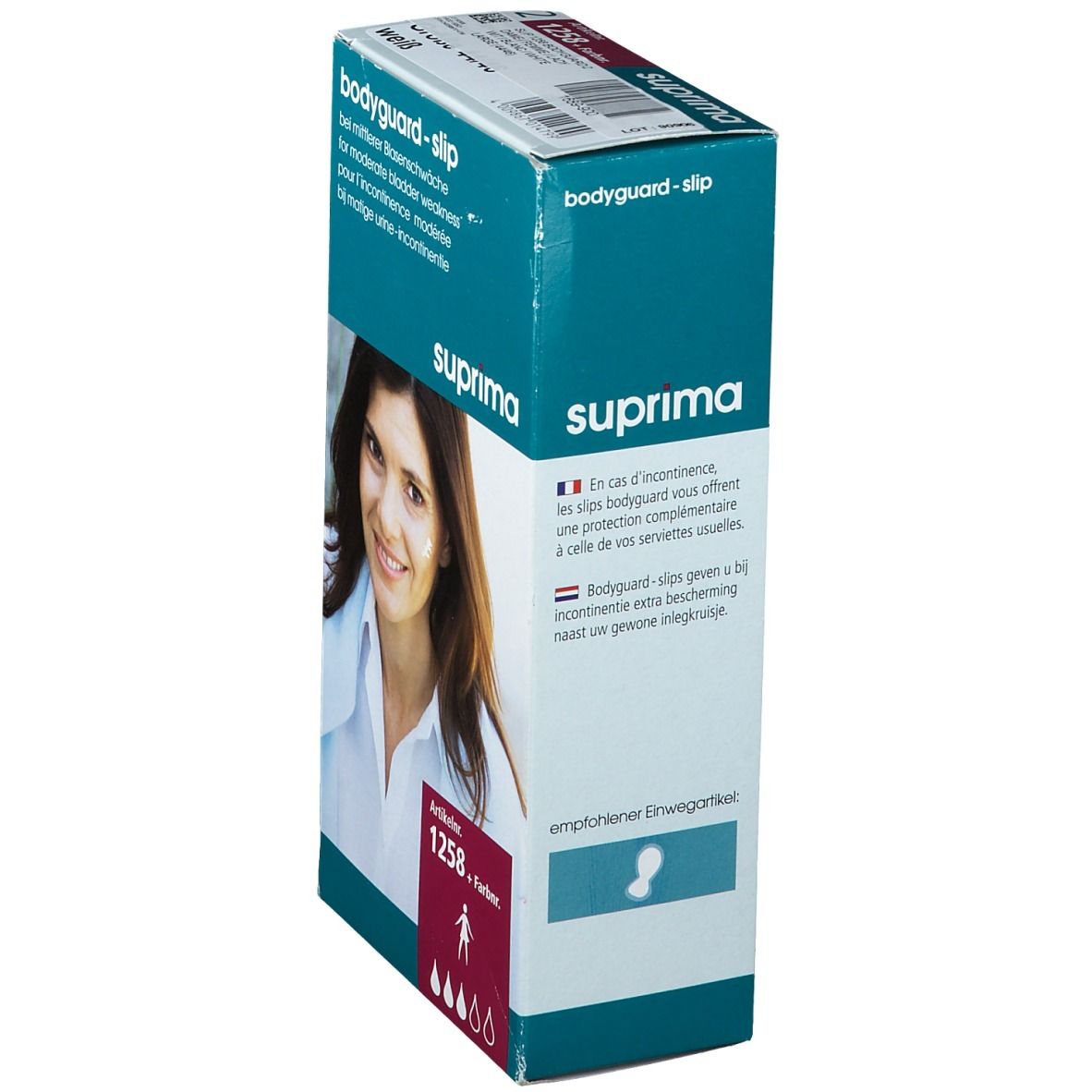 Emballage de Suprima Bodyguard-slip. Texte : pour incontinence modérée. Numéro d'article 1258. Couleur.