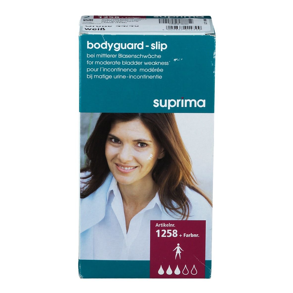 Emballage de Suprima Bodyguard-slip. Texte : pour incontinence modérée. Numéro d'article 1258. Couleur.