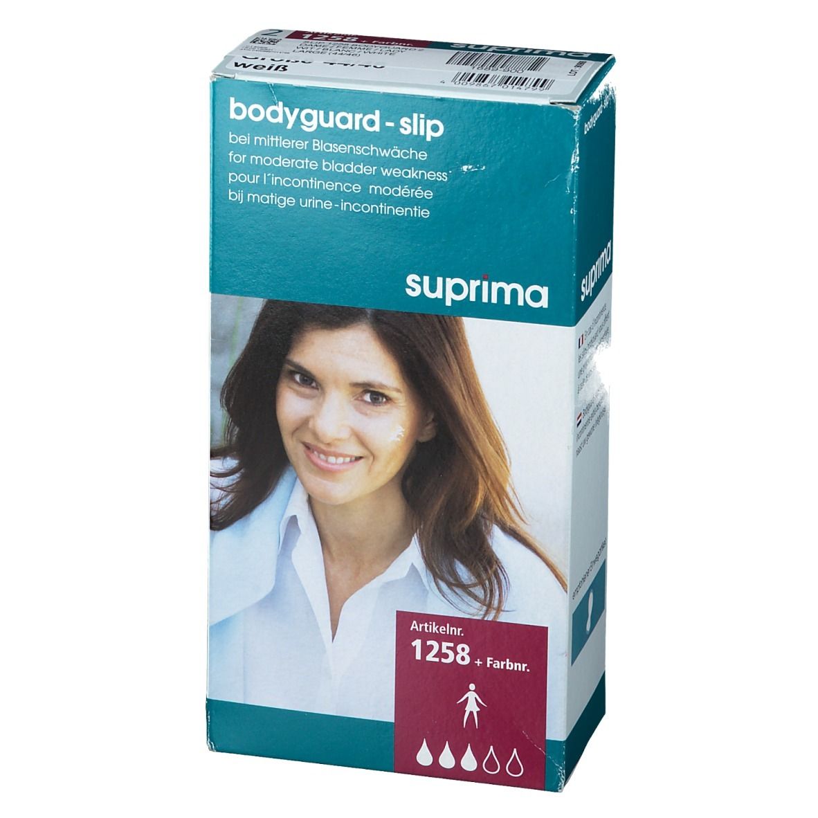 Emballage de Suprima Bodyguard-slip. Texte : pour incontinence modérée. Numéro d'article 1258. Couleur.