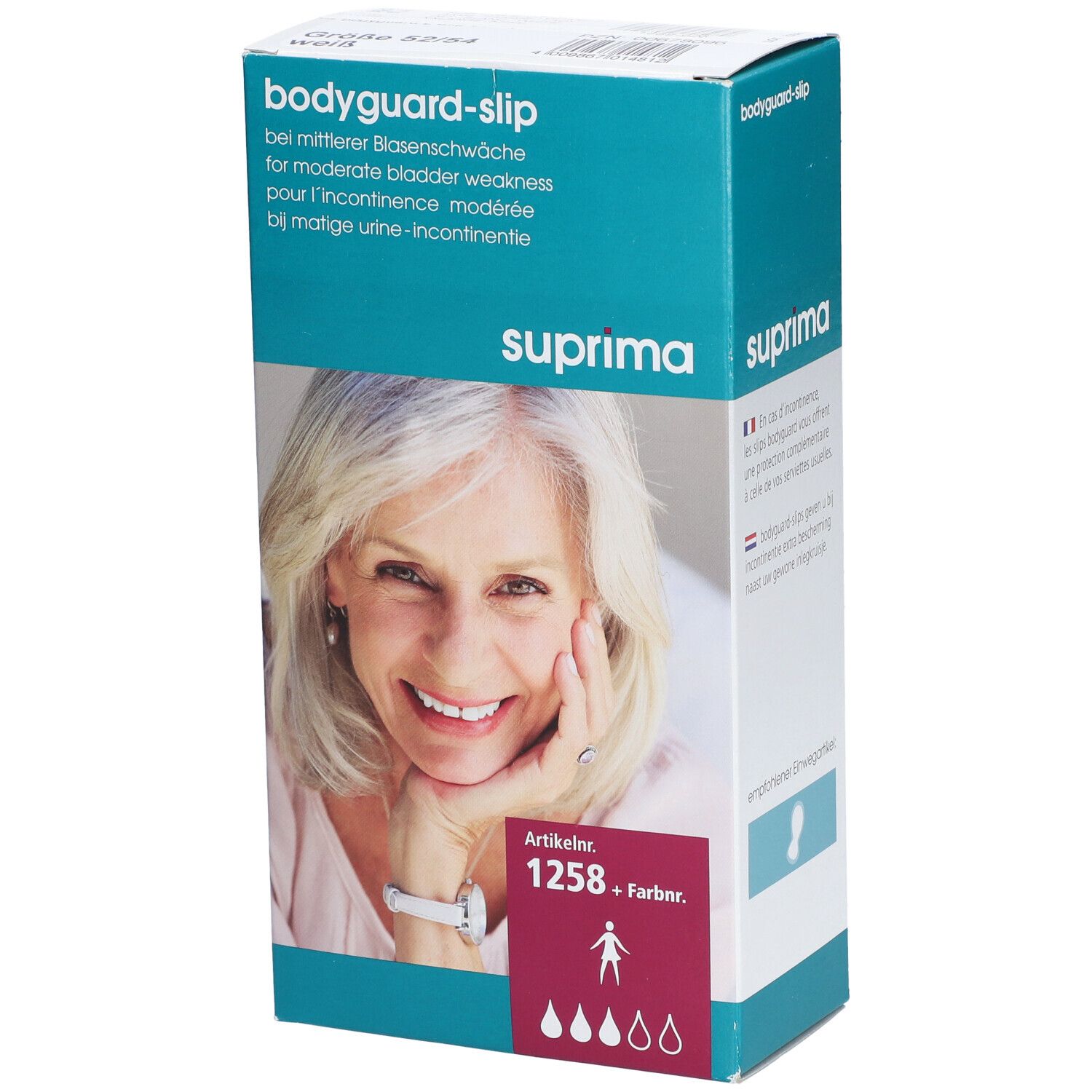 Boîte Bota Suprima 1258 Bodyguard Slip. Indiqué pour l'incontinence modérée. Femme souriante. Numéro d'article et code couleur.