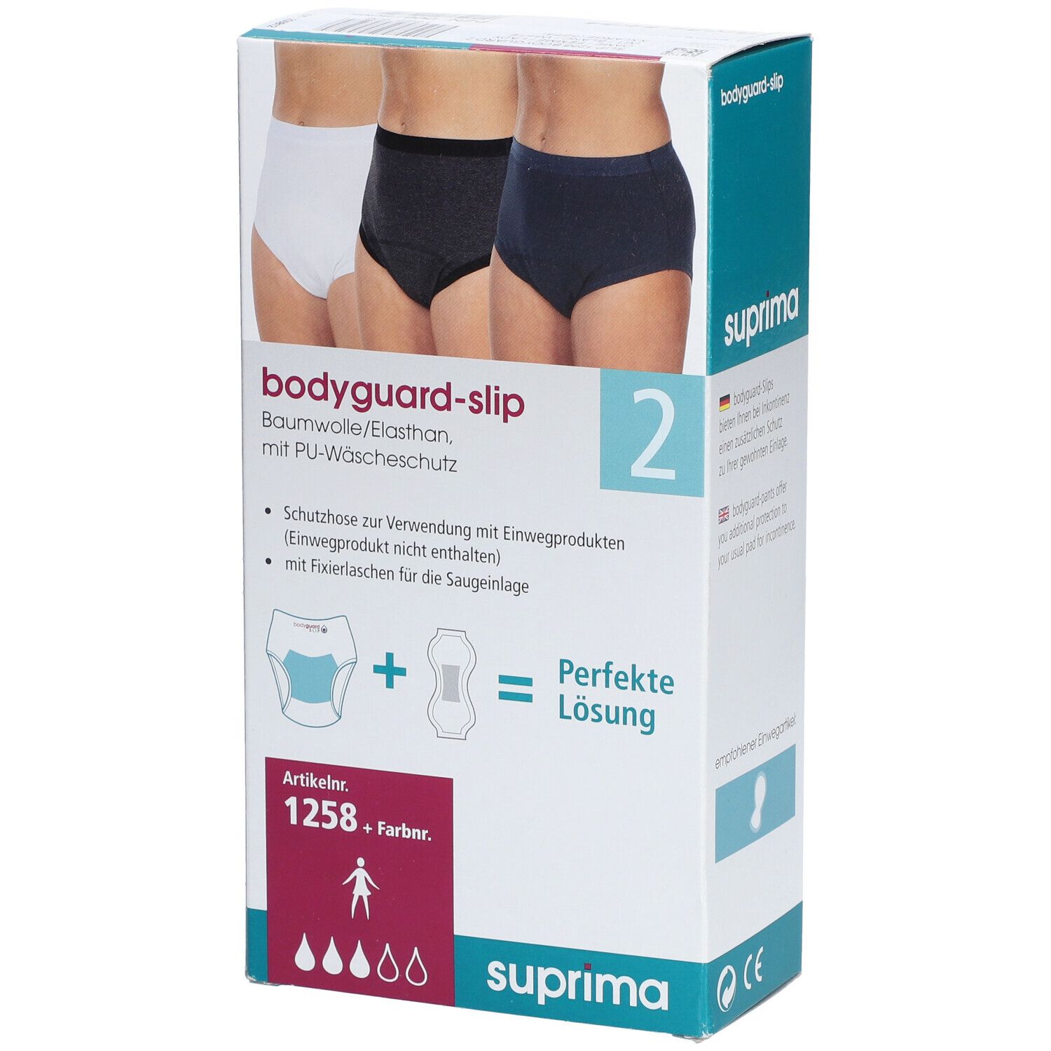 Boîte Bota Suprima 1258 Bodyguard Slip. Coton/élasthanne. Culotte de protection pour produits jetables. 2 pièces. Solution parfaite. Numéro d'article et code couleur.