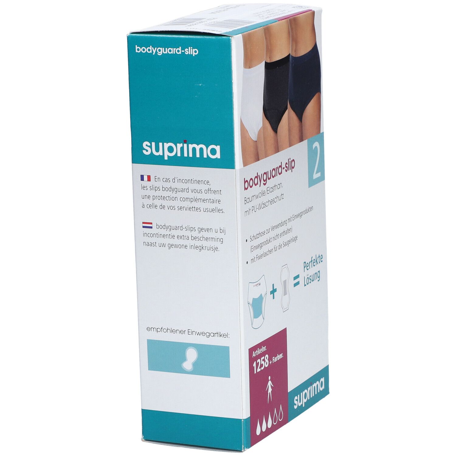 Boîte Bota Suprima 1258 Bodyguard Slip. Coton/élasthanne. Culotte de protection pour produits jetables. 2 pièces. Solution parfaite. Informations produit.