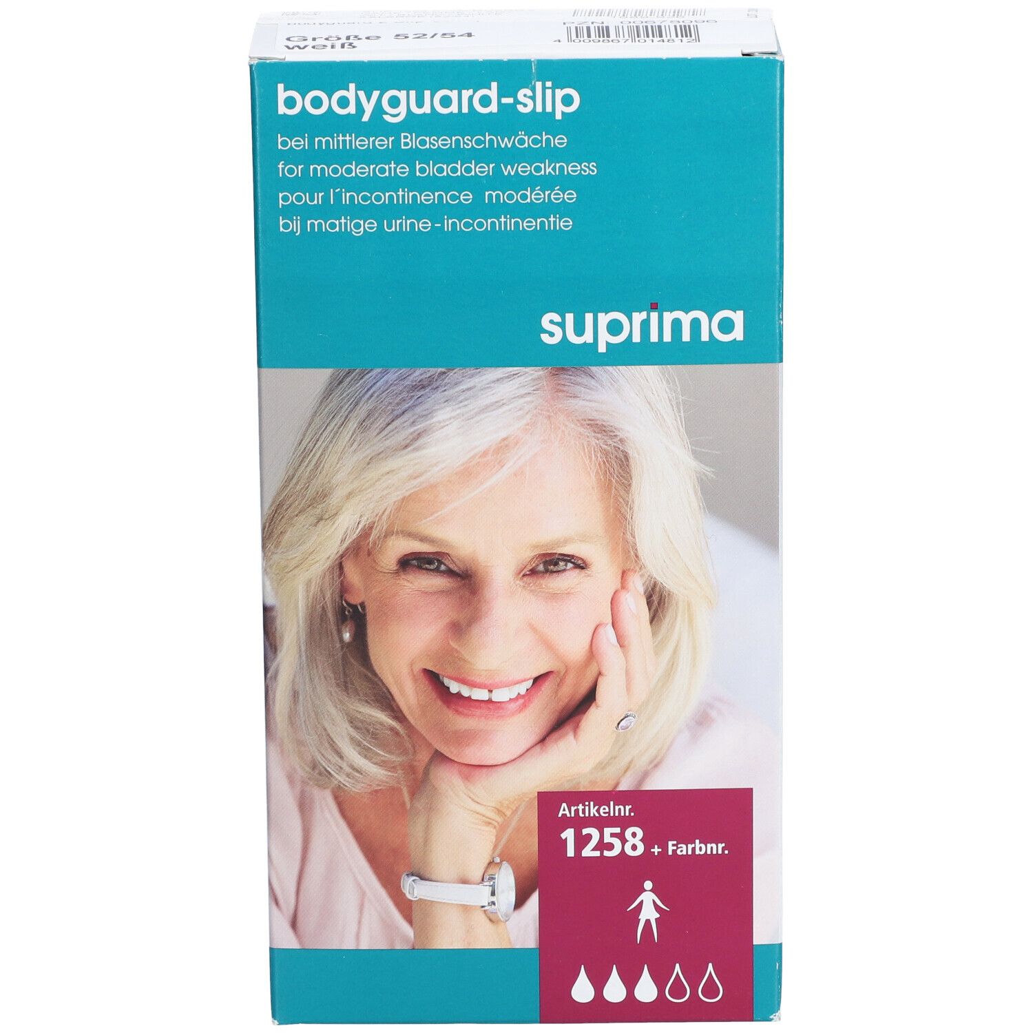 Boîte Bota Suprima 1258 Bodyguard Slip. Texte: pour l'incontinence modérée. Femme souriante. Numéro d'article et code couleur. Taille 52/54.