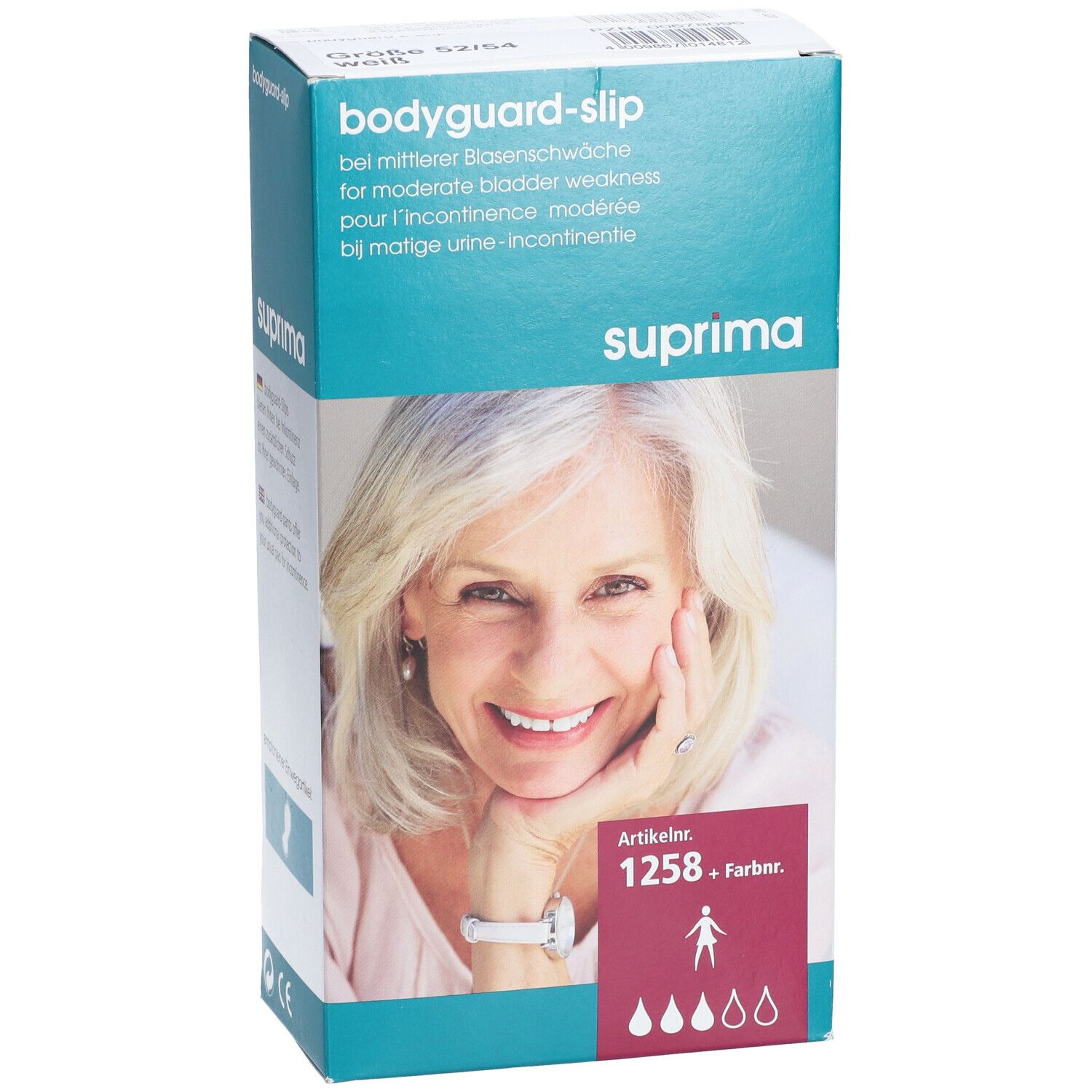Boîte Bota Suprima 1258 Bodyguard Slip. Texte: pour l'incontinence modérée. Femme souriante. Numéro d'article et code couleur. Taille 52/54.