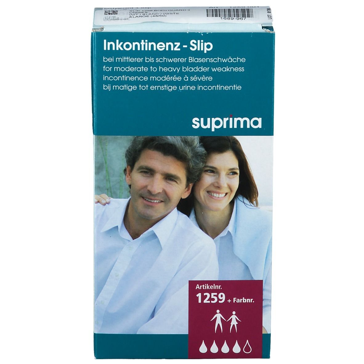 Emballage de slip. Pour incontinence modérée à sévère. Numéro d'article 1259. Numéro de couleur. Unisexe. Image d'un homme et d'une femme.