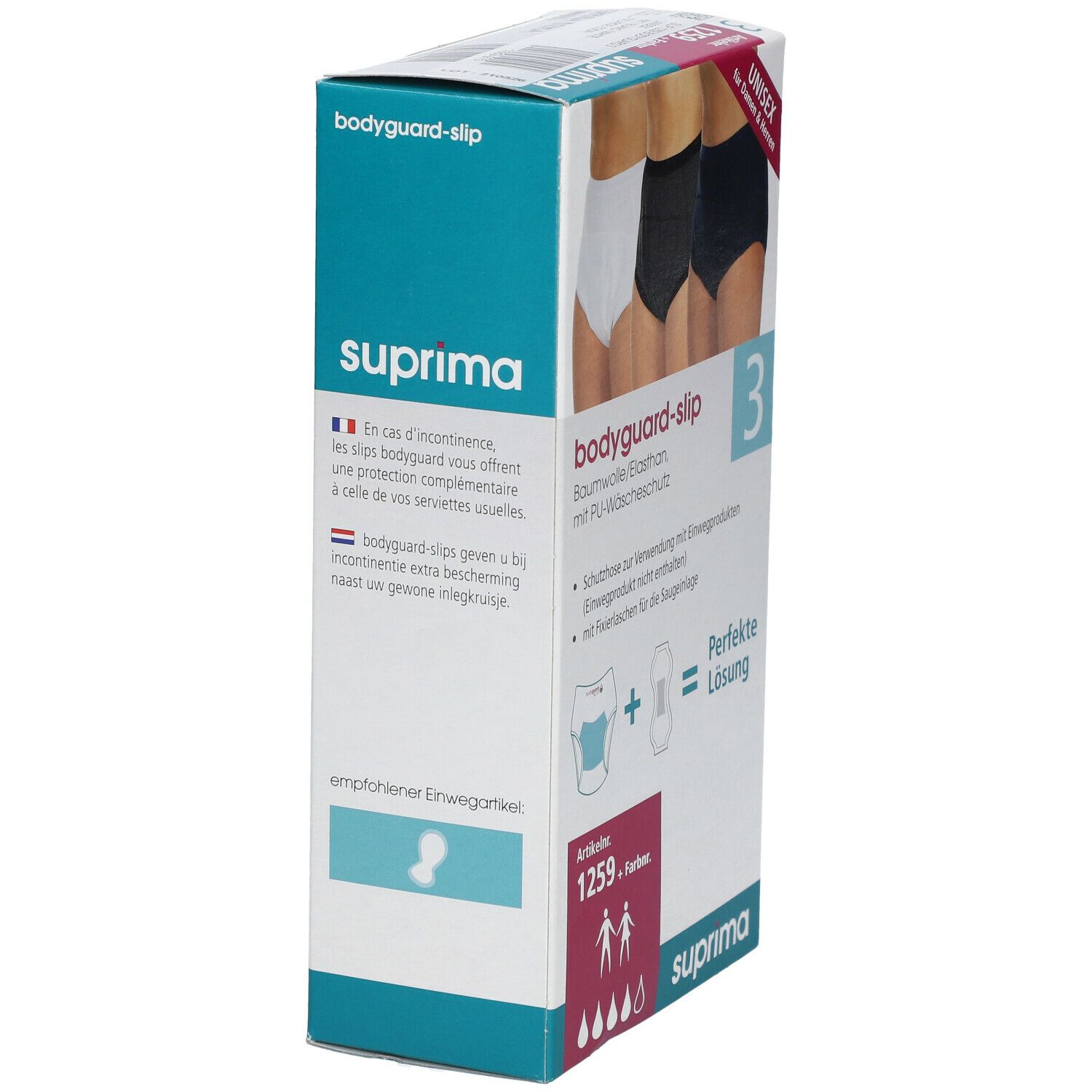 Boîte de slips Suprima Bodyguard. Coton/élasthanne avec protection PU. 3 pièces. Unisexe. Numéro d'article 1259. Solution parfaite.