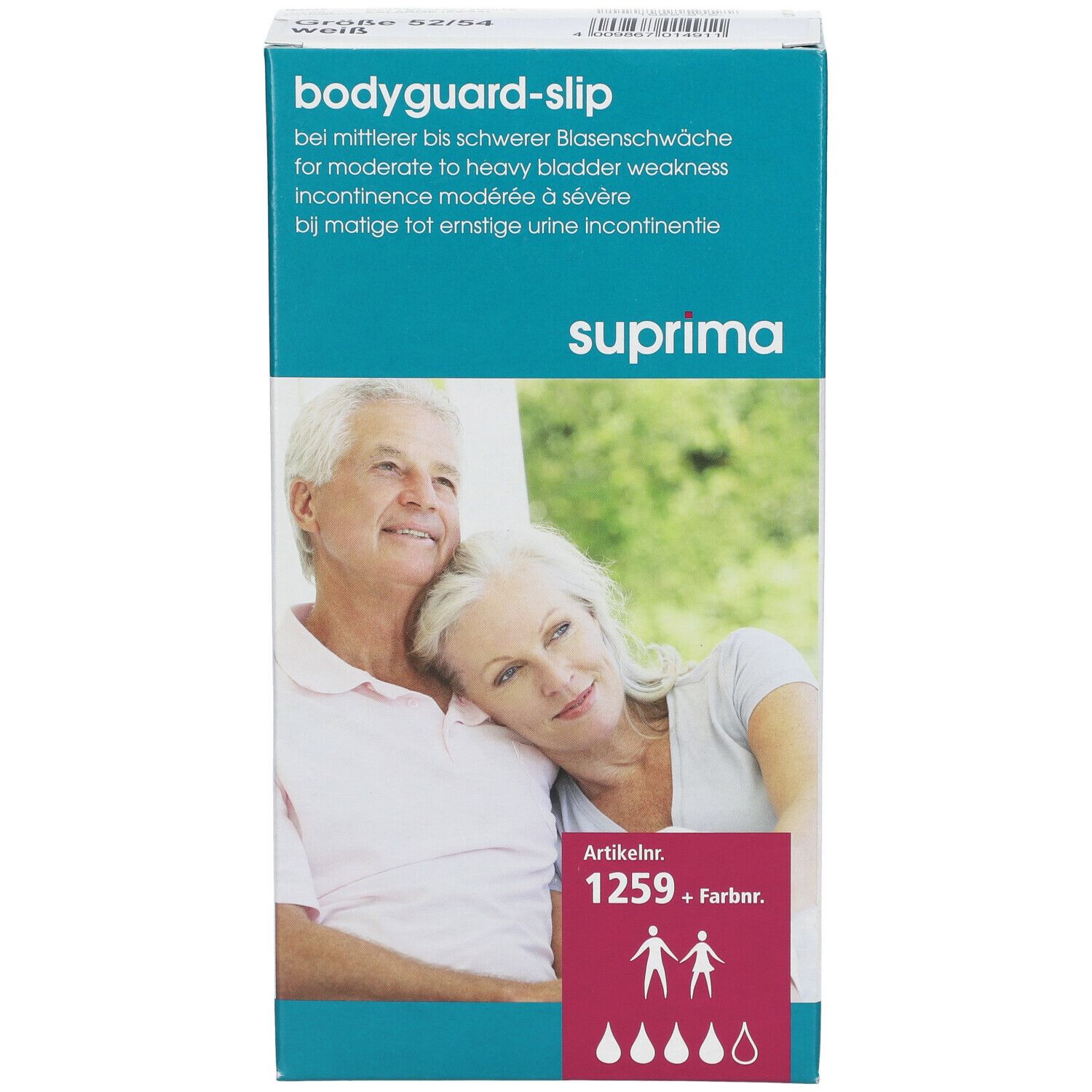 Boîte de slips Suprima Bodyguard. Incontinence modérée à sévère. Illustration d'un couple âgé. Numéro d'article 1259.