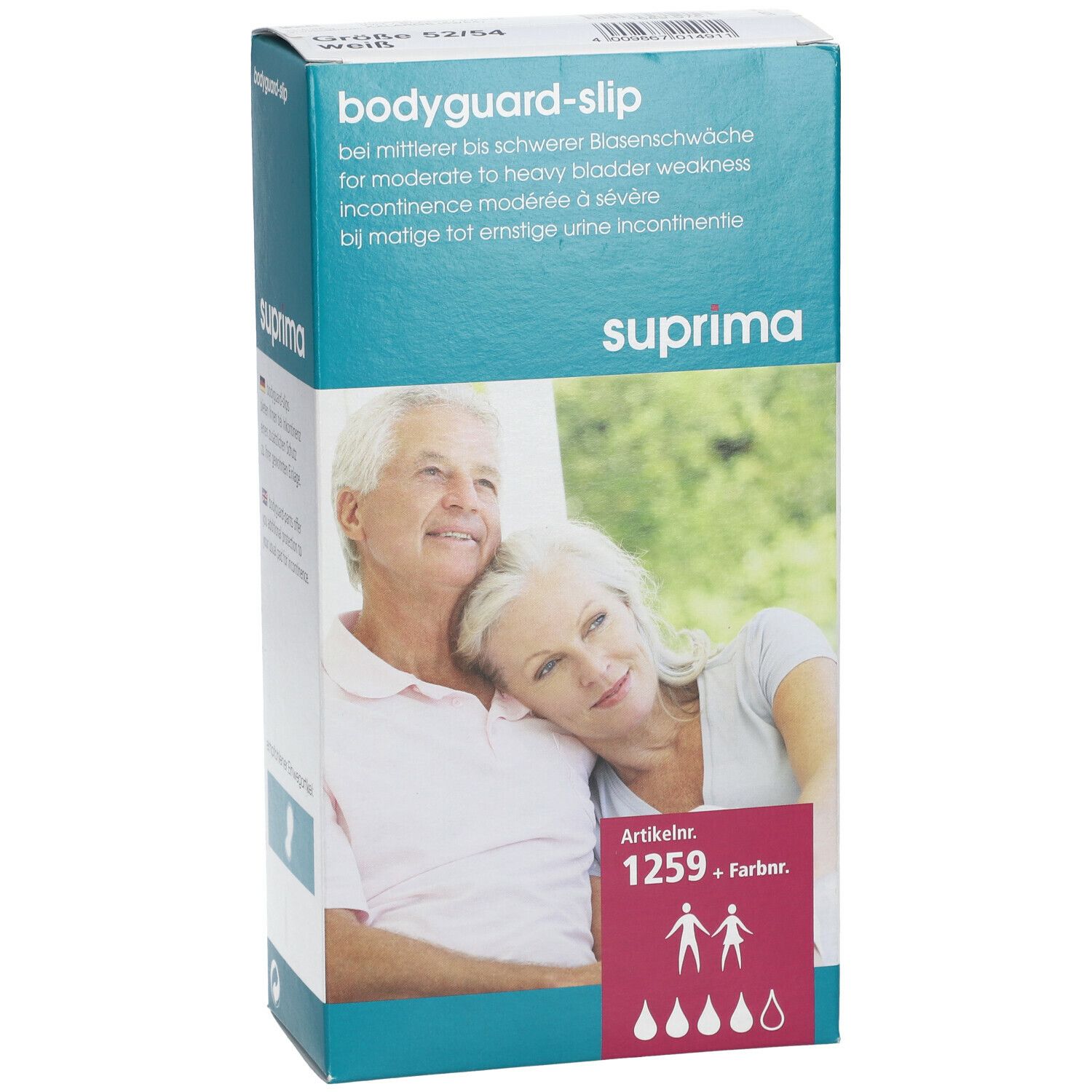 Boîte de slips Suprima Bodyguard. Incontinence modérée à sévère. Illustration d'un couple âgé. Numéro d'article 1259.