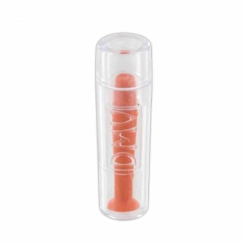 Objet orange dans un étui transparent. Forme allongée avec une pointe arrondie.