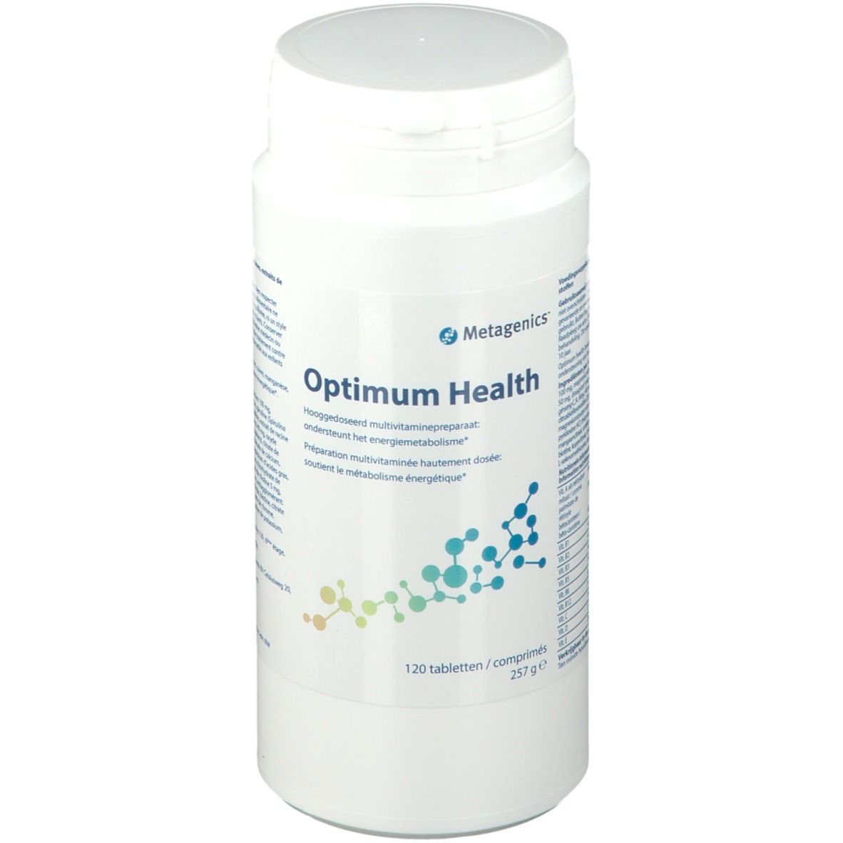Witte tablettenfles met schroefdop. Opschrift: Optimum Health, 120 tabletten. Merk: Metagenics.