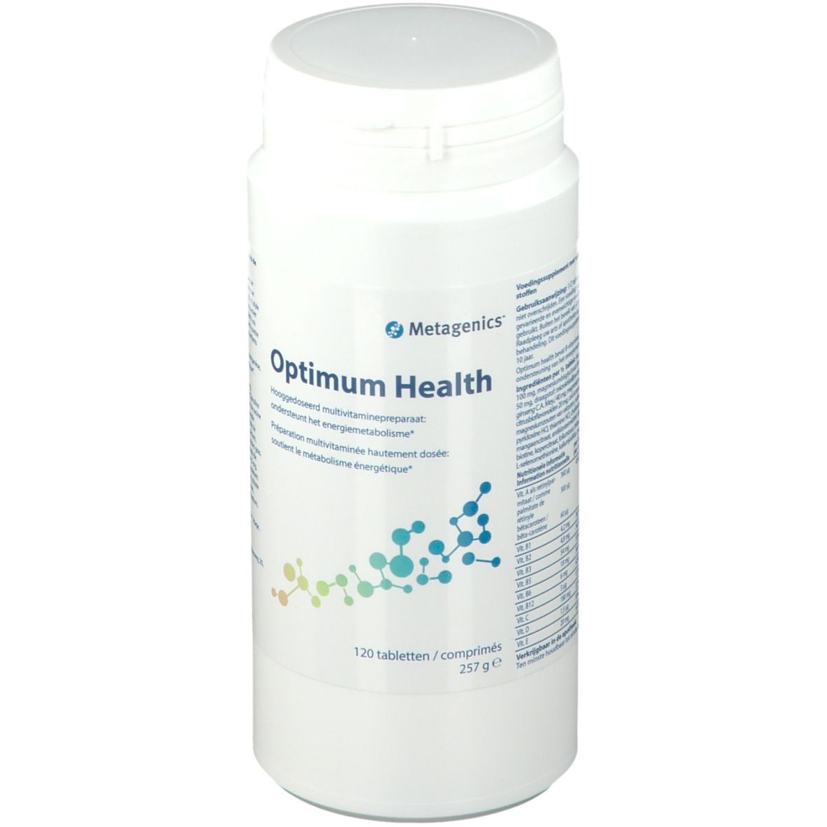 Witte tablettenfles met schroefdop. Opschrift: Optimum Health, 120 tabletten. Merk: Metagenics.