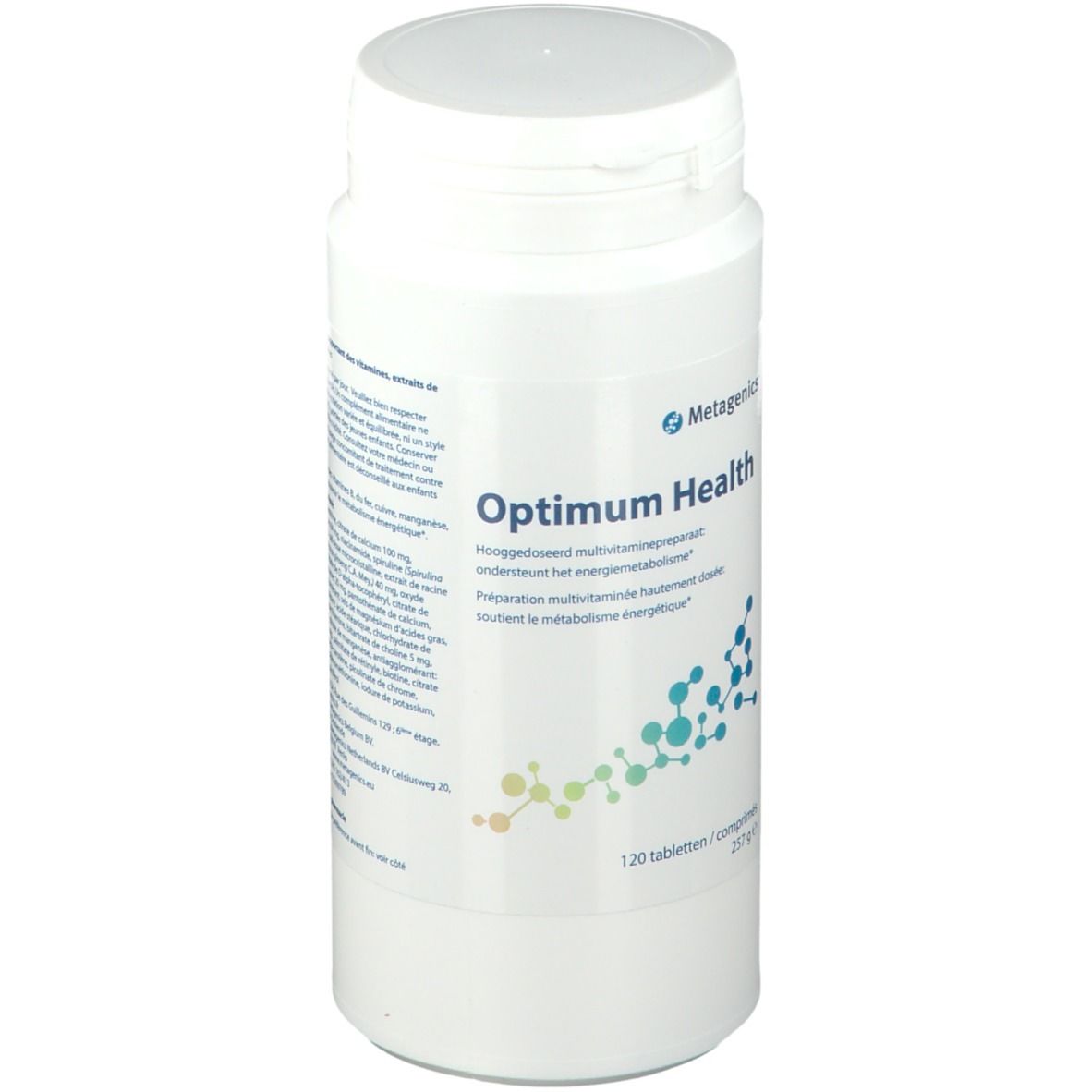 Witte tablettenfles met schroefdop. Opschrift: Optimum Health, 120 tabletten. Merk: Metagenics.