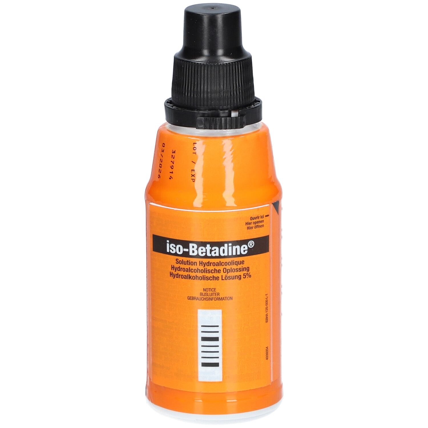 Oranje fles met zwarte dop. Opschrift: iso-Betadine® Solution Hydroalcoolique. Barcode.