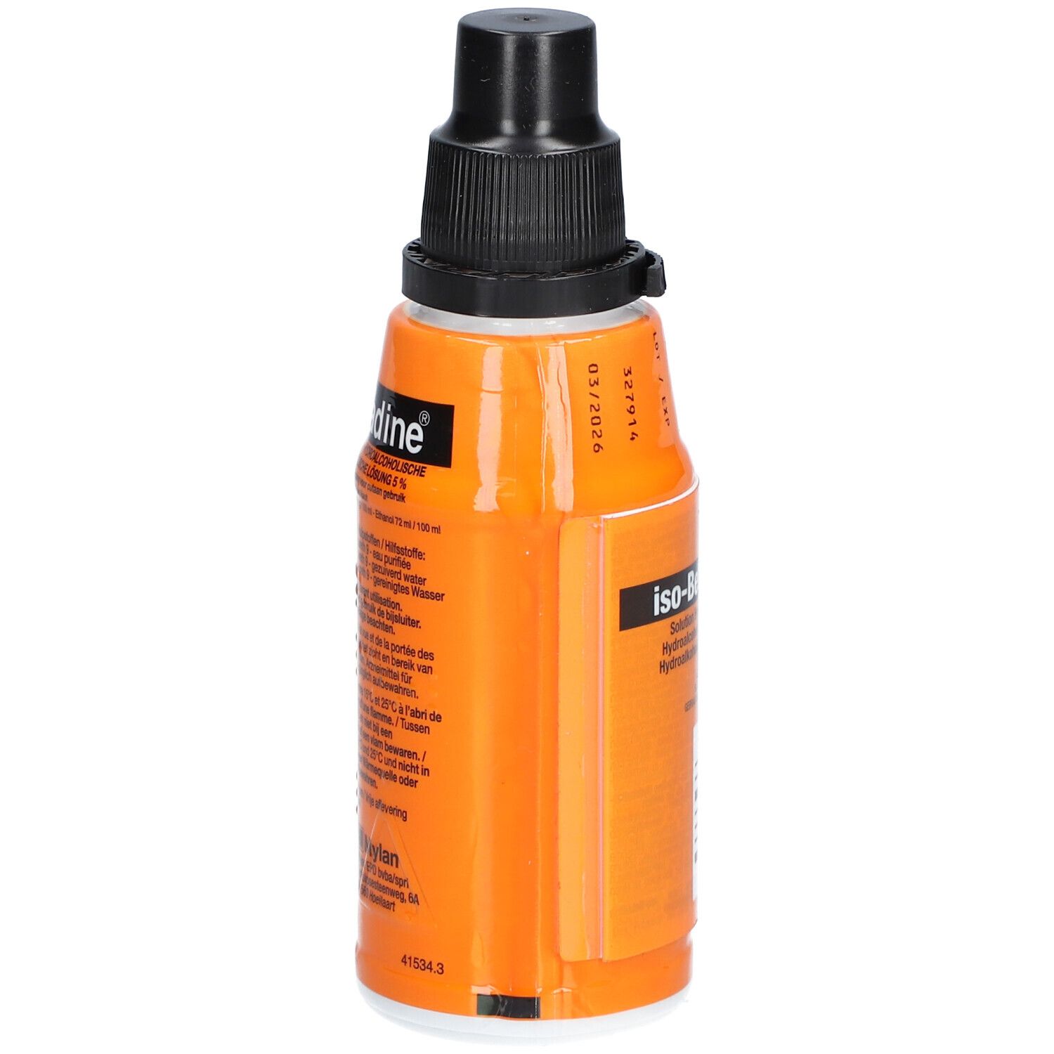 Oranje fles met zwarte dop. Tekst op de zijkant. iso-Betadine® Solution Hydroalcoolique.