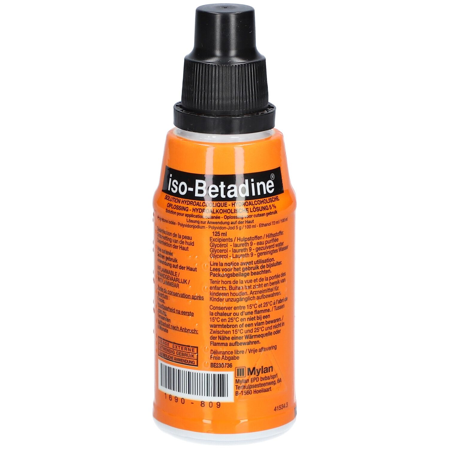 Oranje fles met zwarte dop. Tekst en opschrift: iso-Betadine® Solution Hydroalcoolique.