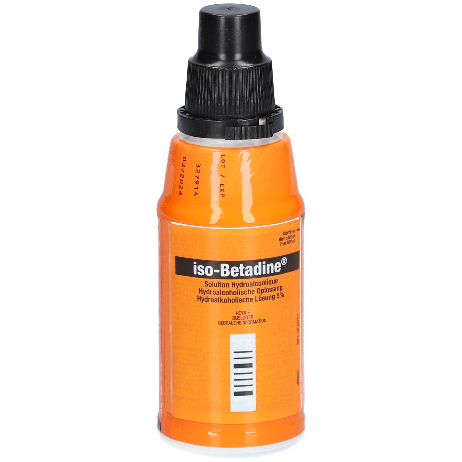 Oranje fles met zwarte dop. Opschrift: iso-Betadine® Solution Hydroalcoolique. Barcode.