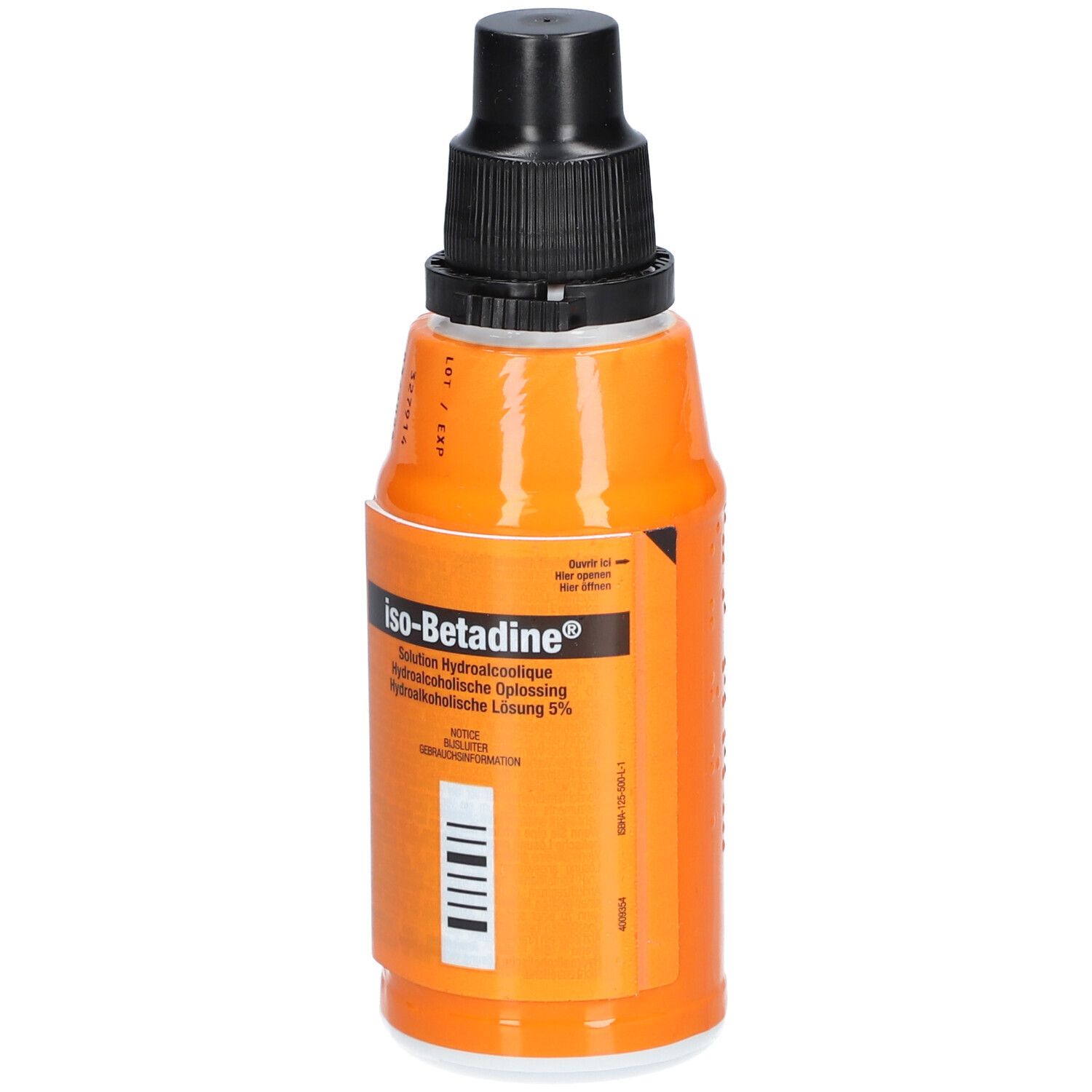 Oranje fles met zwarte dop. Opschrift: iso-Betadine® Solution Hydroalcoolique. Barcode.