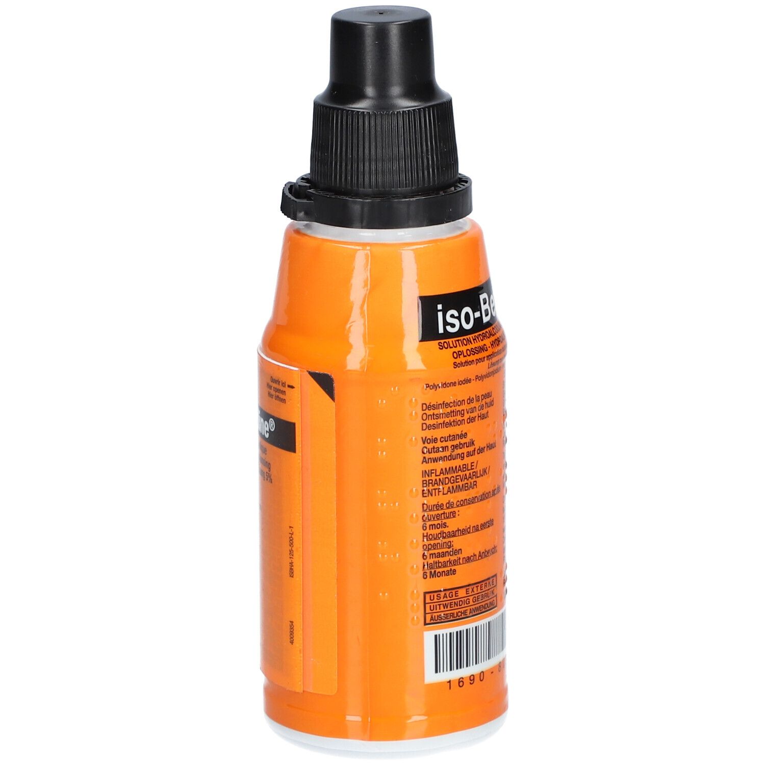 Oranje fles met zwarte dop. Opschrift: iso-Betadine® Solution Hydroalcoolique. Tekst.