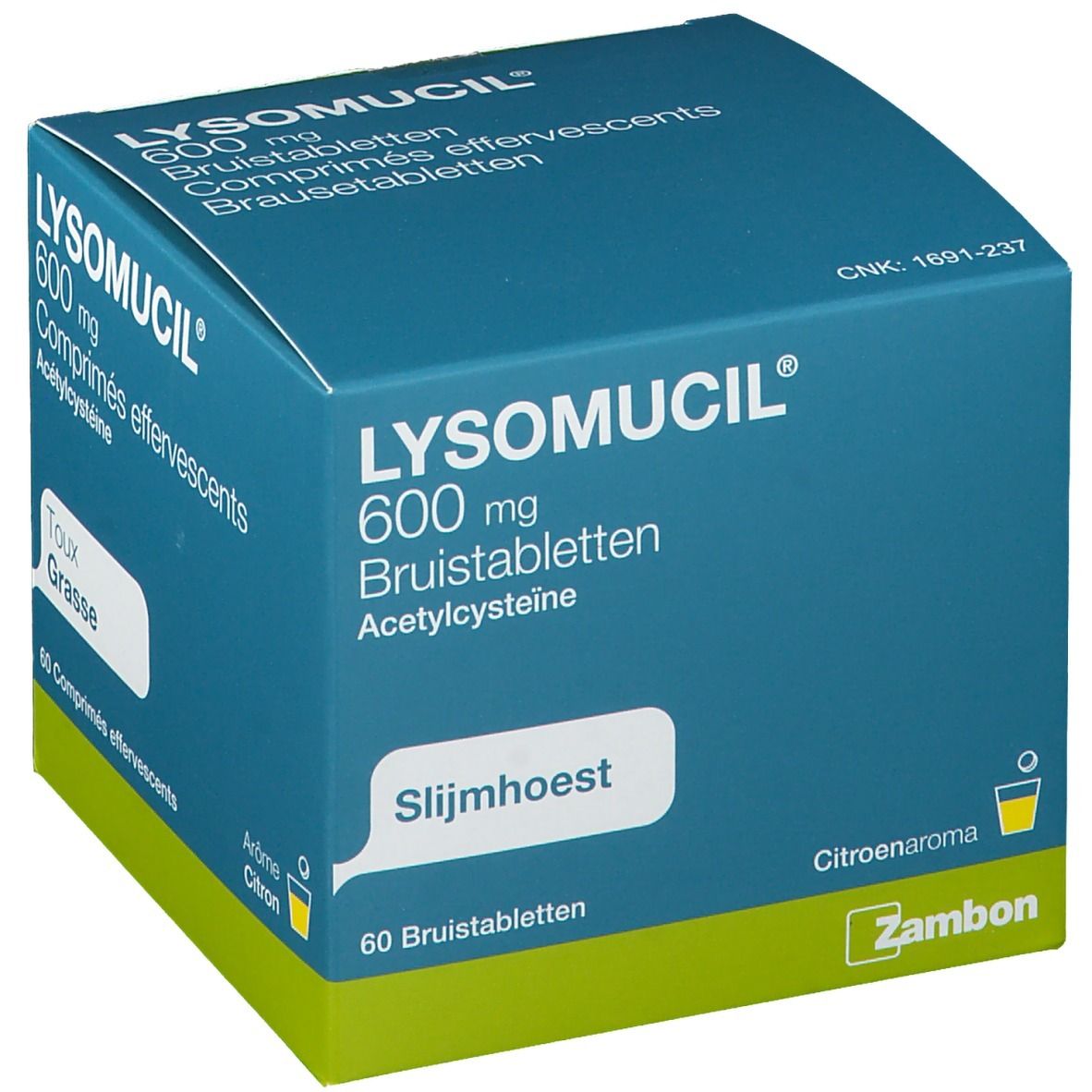 Blauw-witte doos LYSOMUCIL 600 mg bruistabletten. Opschrift: Slijmhoest, 60 bruistabletten. Merk Zambon.