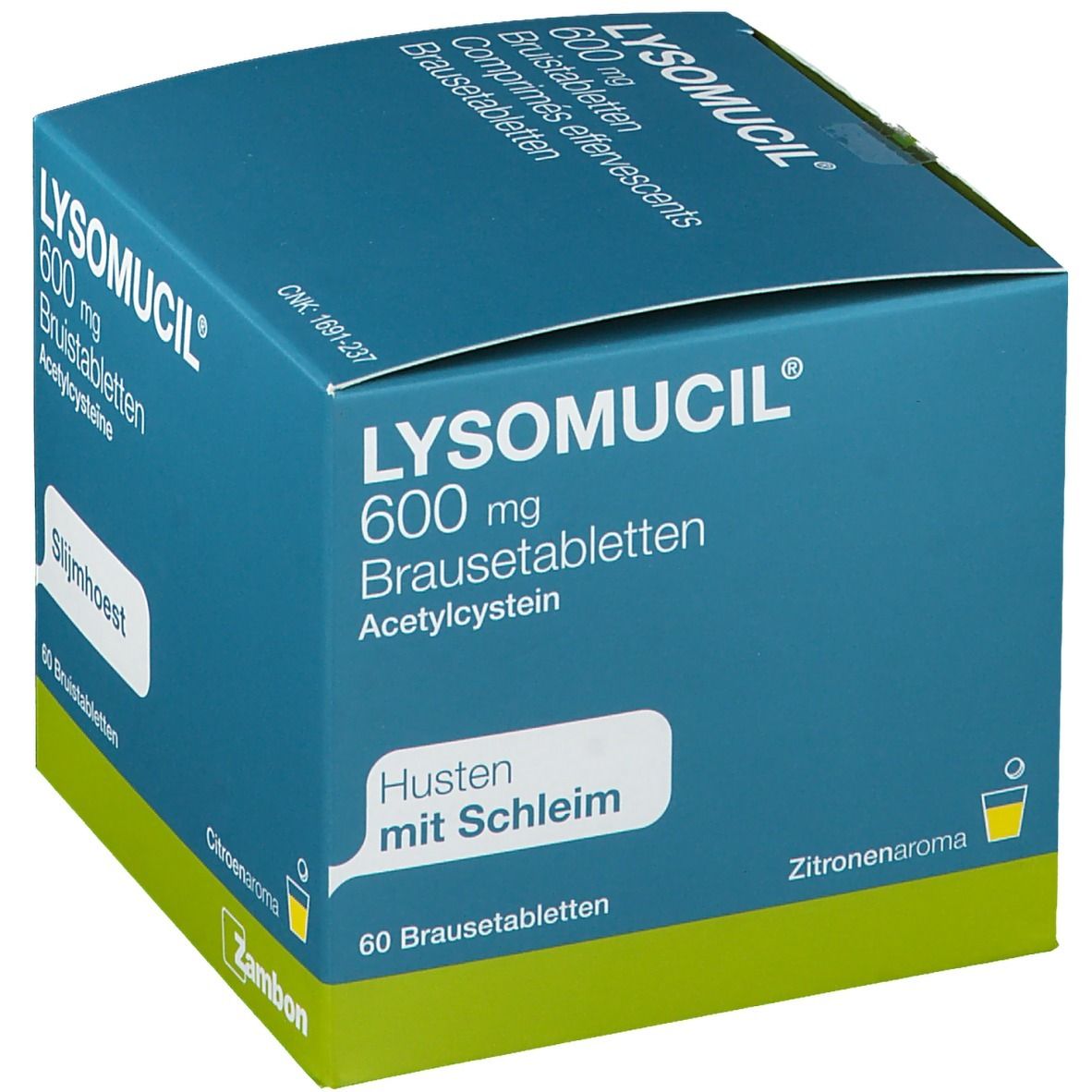 Blauw-witte doos LYSOMUCIL 600 mg bruistabletten. Opschrift: Slijmhoest, 60 bruistabletten. Merk Zambon.