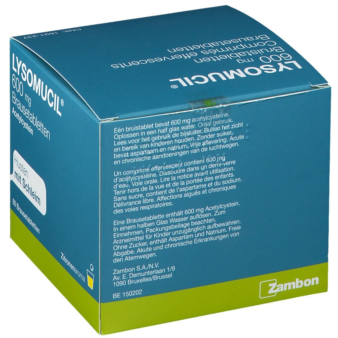 Achterkant van de LYSOMUCIL 600 mg doos. Tekst in het Duits en Frans. Merk Zambon. Bevat informatie over ingrediënten en gebruik.