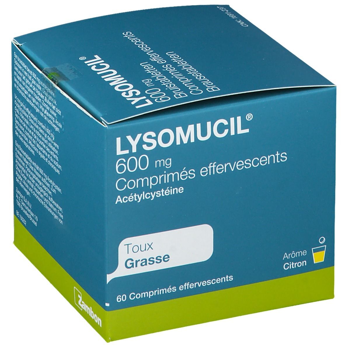 Blauw-witte doos LYSOMUCIL 600 mg bruistabletten. Opschrift: Toux Grasse, 60 bruistabletten. Merk Zambon.