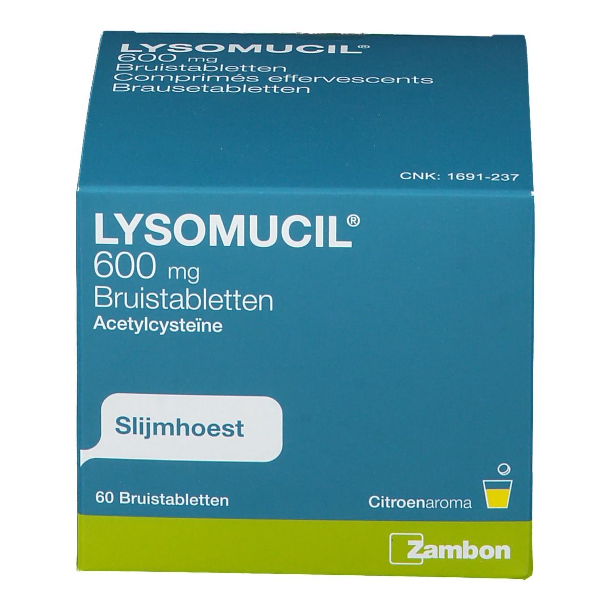 Blauw-witte doos LYSOMUCIL 600 mg bruistabletten. Opschrift: Slijmhoest, 60 bruistabletten. Merk Zambon.