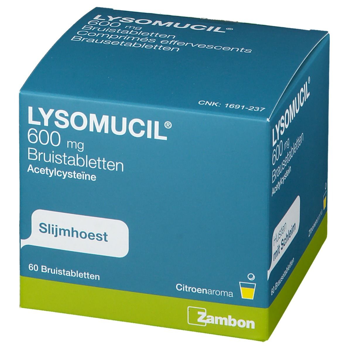 Blauw-witte doos LYSOMUCIL 600 mg bruistabletten. Opschrift: Husten mit Schleim, 60 bruistabletten. Merk Zambon.