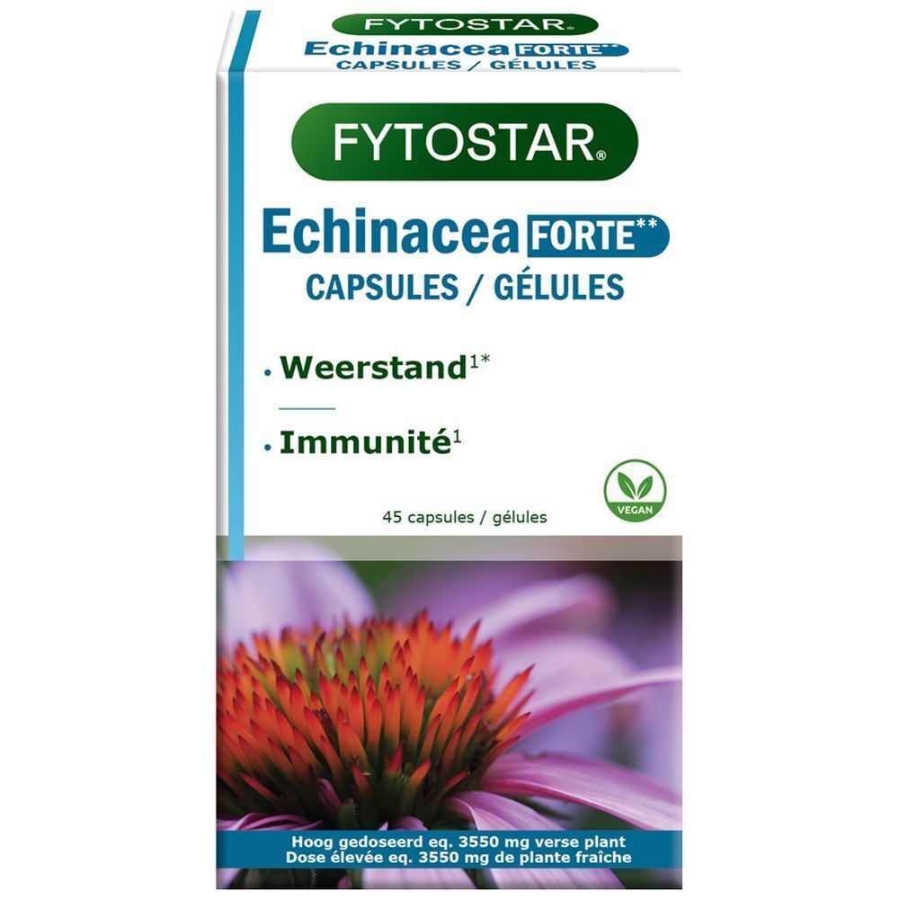 Boîte de gélules Fytostar Echinacea Forte 1215. Inscription : Echinacea, 45 gélules, résistance.