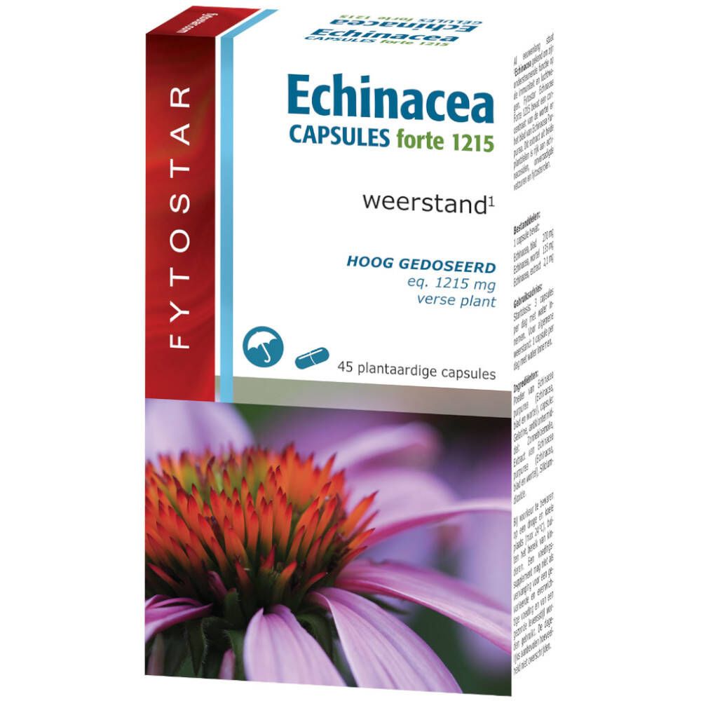 Boîte de gélules Fytostar Echinacea Forte 1215. Inscription : Echinacea, 45 gélules, résistance.