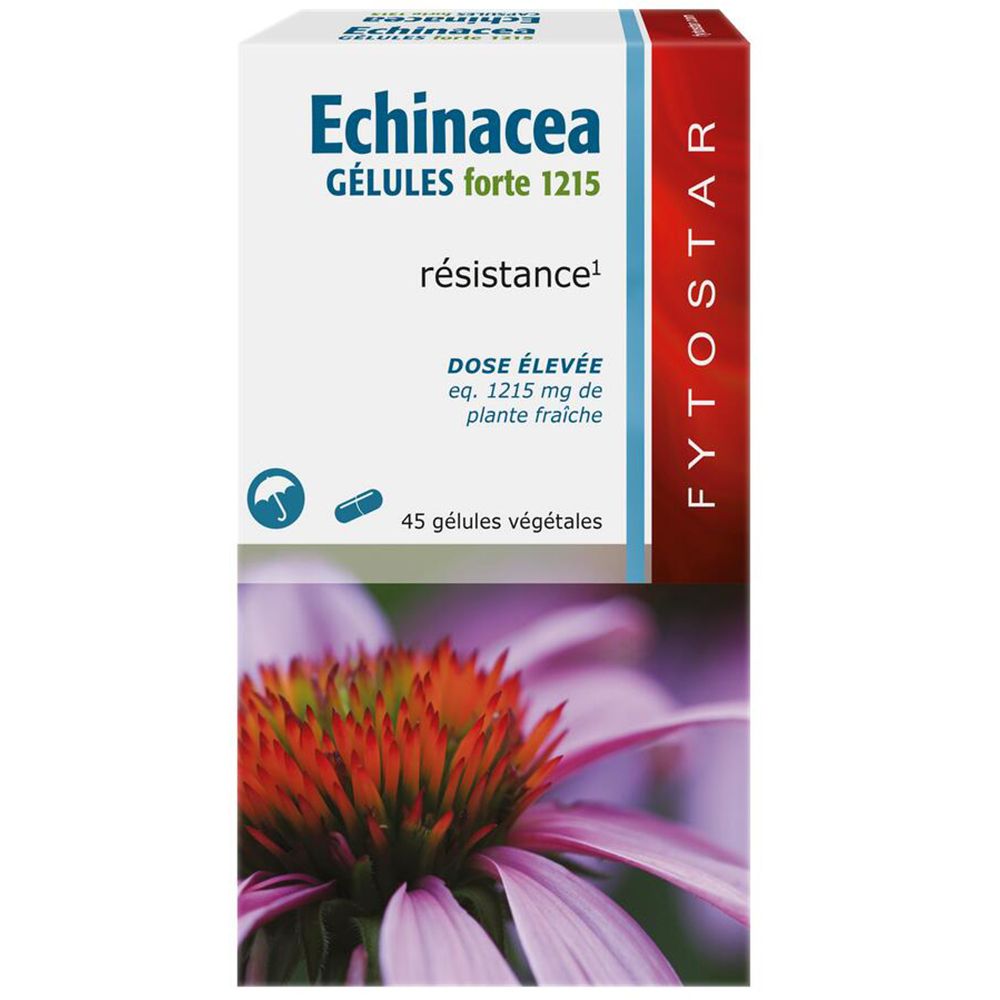 Boîte de gélules Fytostar Echinacea Forte 1215. Inscription : Echinacea, 45 gélules, résistance.