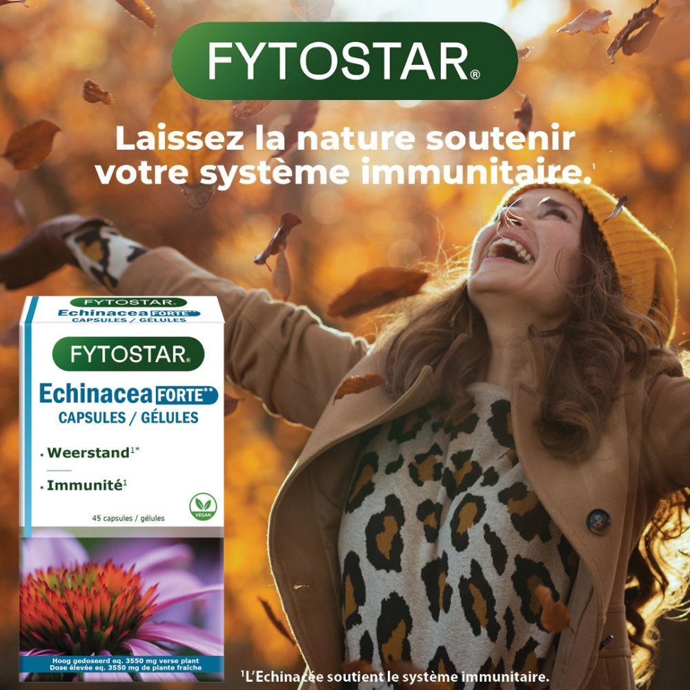 Boîte de gélules Fytostar Echinacea Forte 1215. Inscription : Echinacea, 45 gélules, résistance.