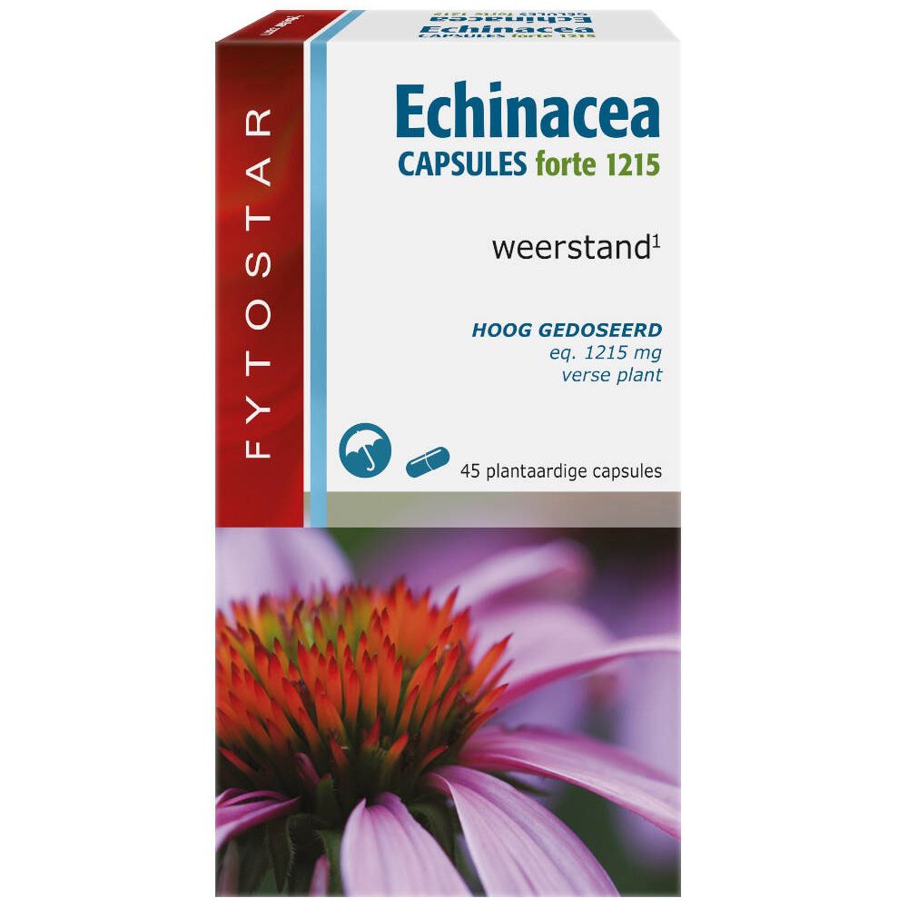 Boîte de gélules Fytostar Echinacea Forte 1215. Inscription : Echinacea, 45 gélules, résistance.