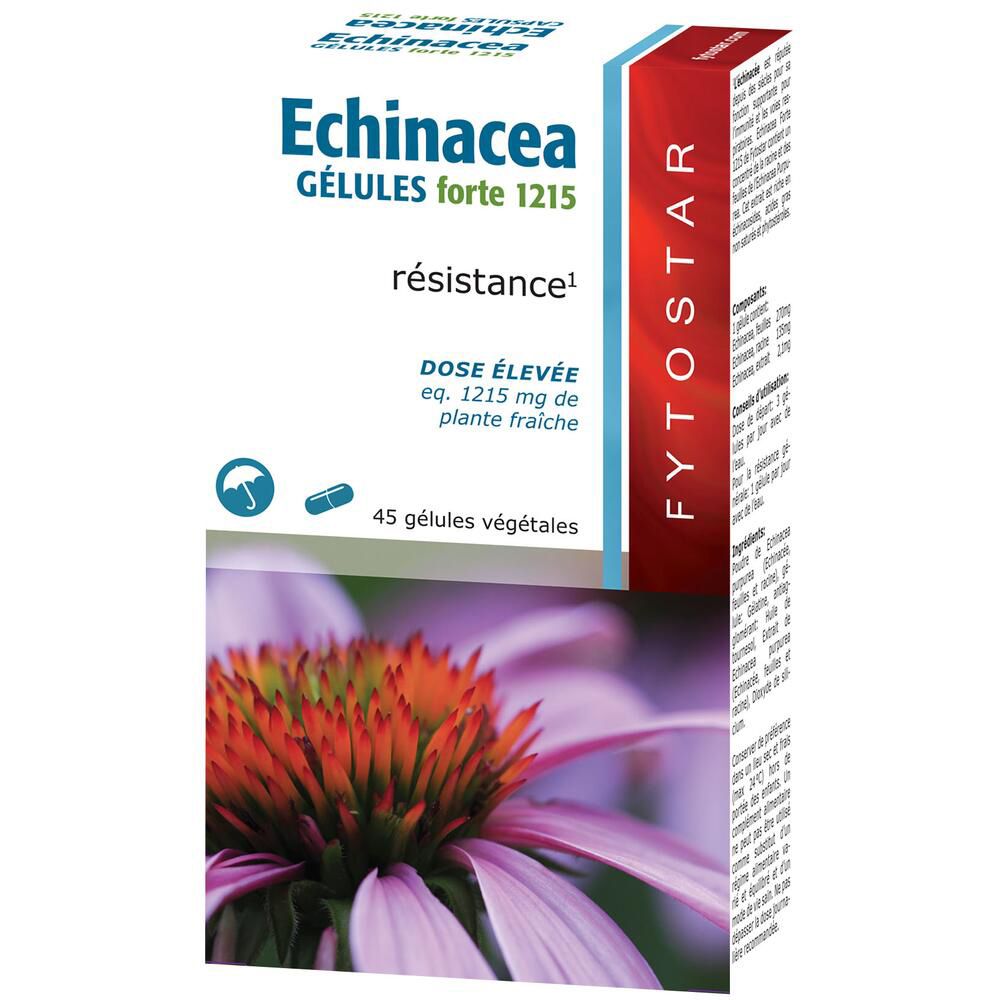 Boîte de gélules Fytostar Echinacea Forte 1215. Inscription : Echinacea, 45 gélules, résistance.