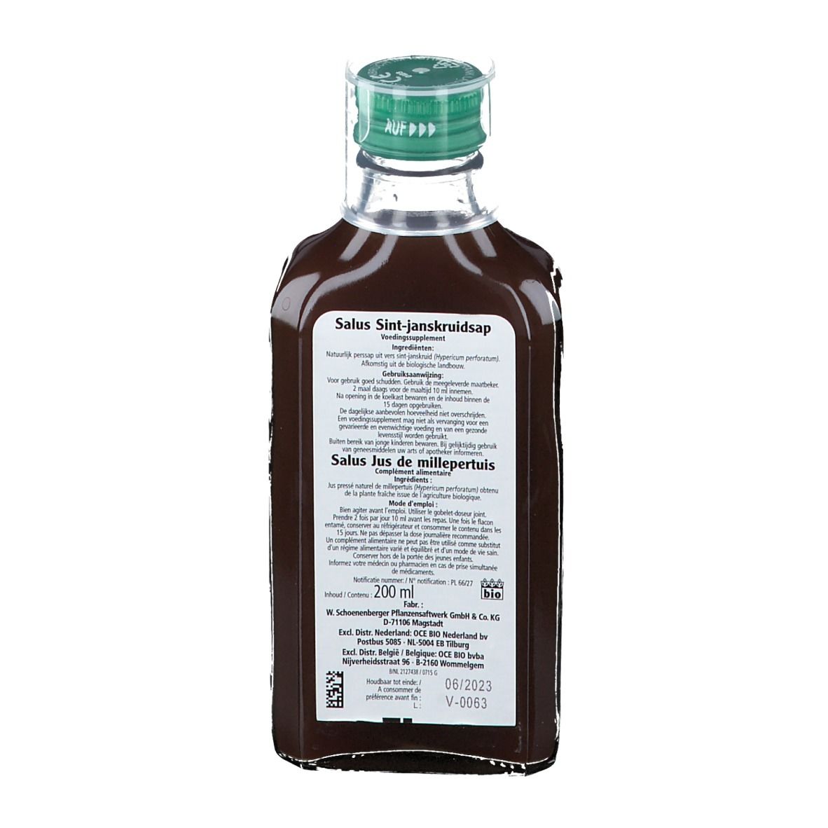 Dos d'une bouteille en verre brun. Texte en plusieurs langues. Informations sur le produit et l'utilisation. Certification bio.