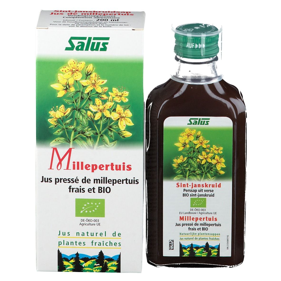 Emballage et bouteille du produit. Emballage : blanc avec logo vert et fleurs jaunes. Bouteille : marron, avec bouchon vert.