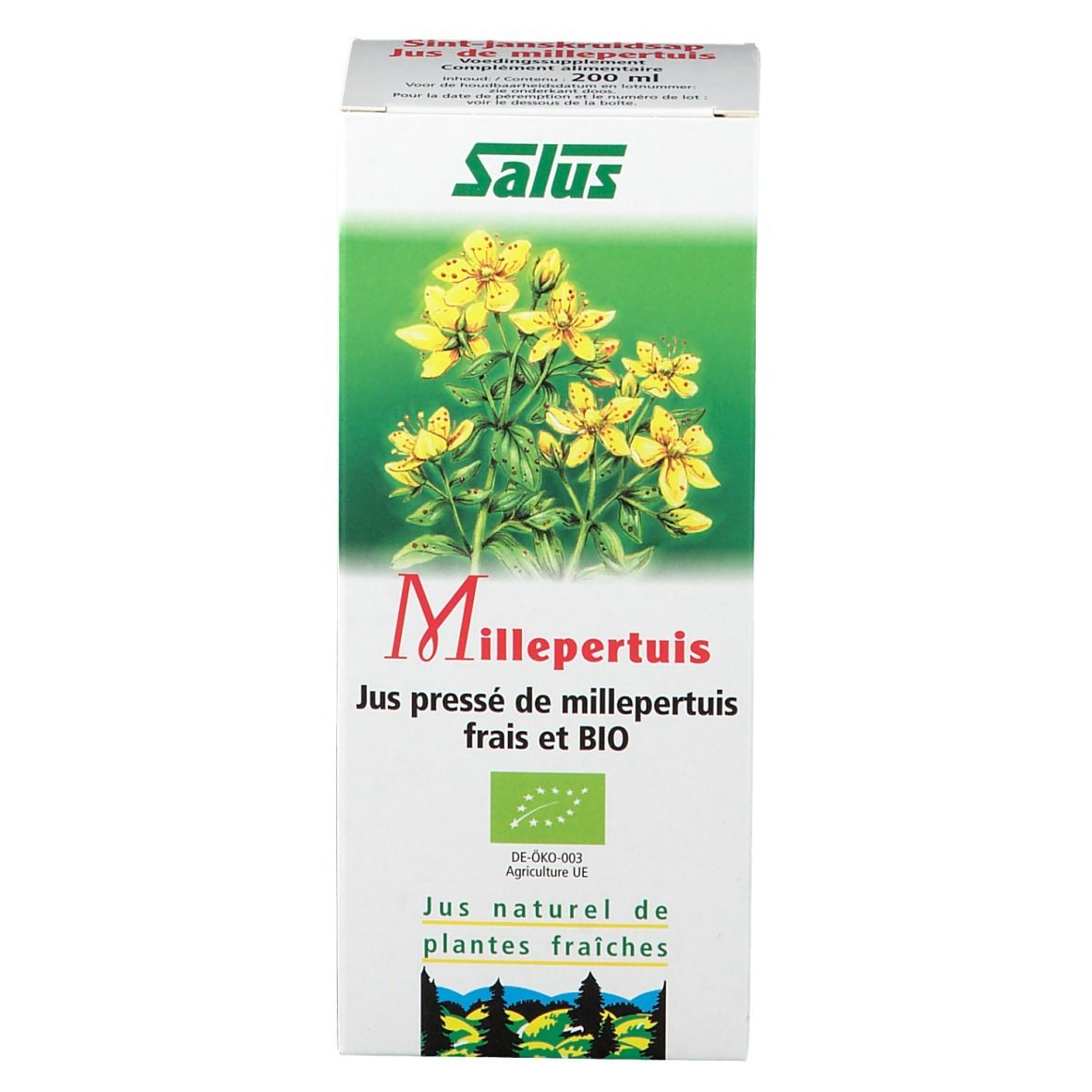 Emballage produit blanc avec logo vert et fleurs jaunes. Texte multilingue. Certification bio.