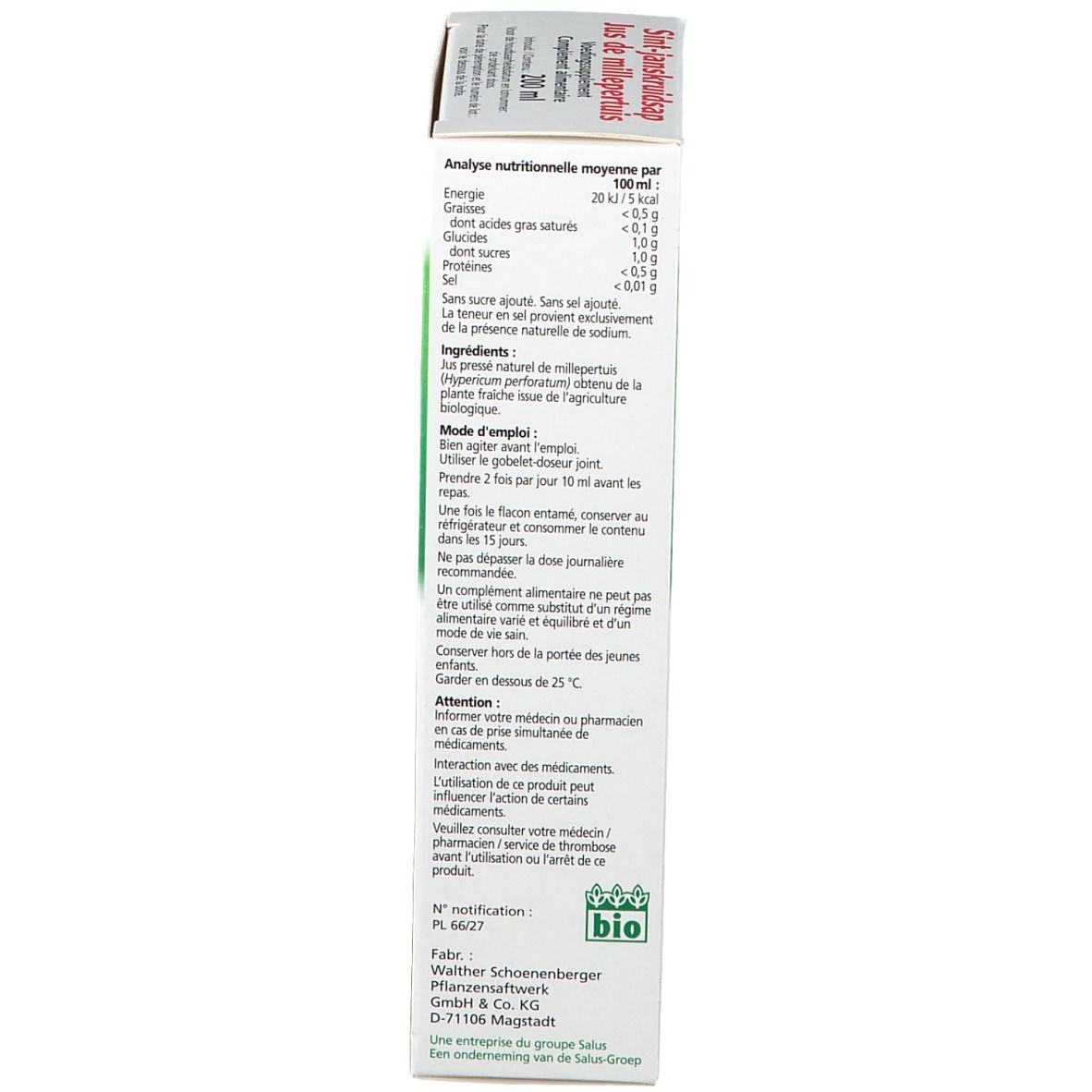 Vue latérale de l'emballage du produit. Informations nutritionnelles, ingrédients et instructions d'utilisation. Certification bio.