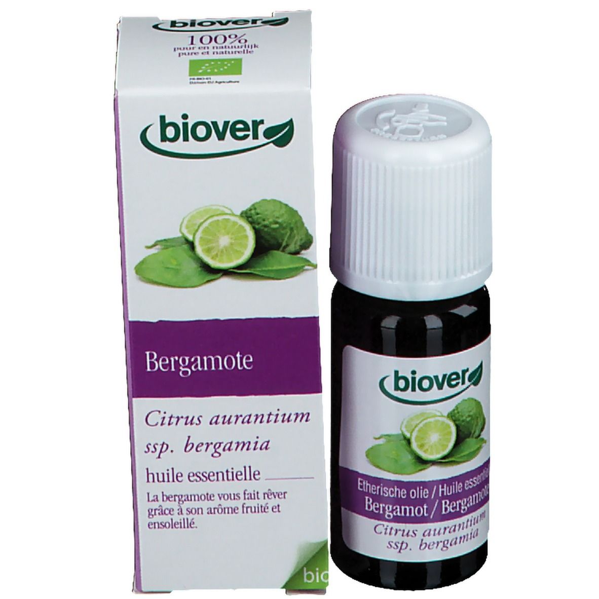 Emballage et flacon. Boîte avec logo biover et illustration de bergamote. Flacon avec bouchon blanc et étiquette.