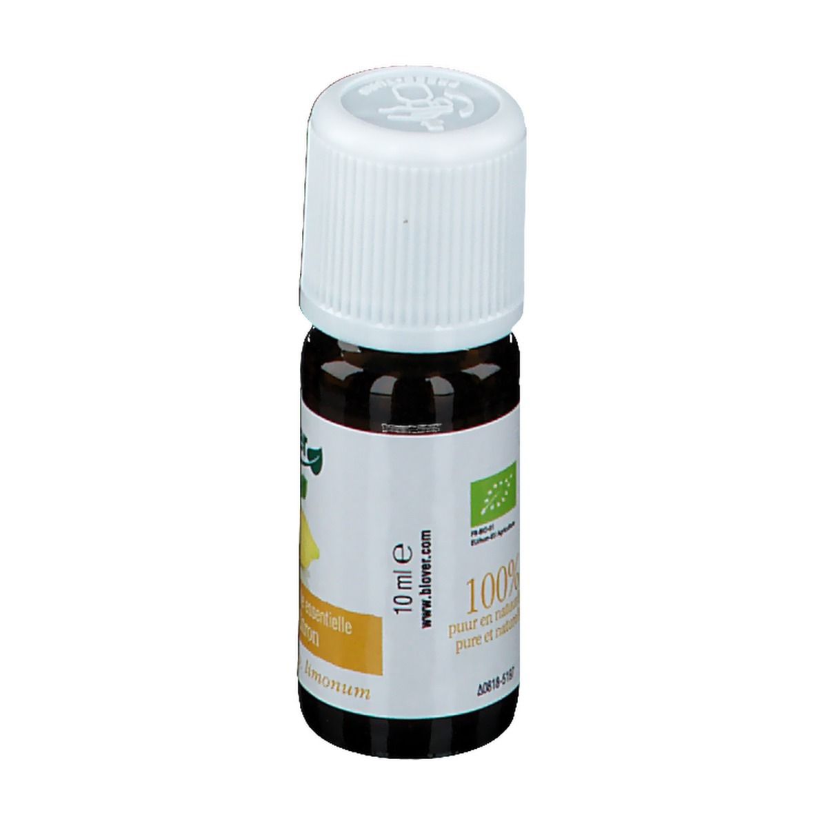 Flacon en verre brun avec bouchon blanc. Étiquette avec texte et label bio. 10 ml.