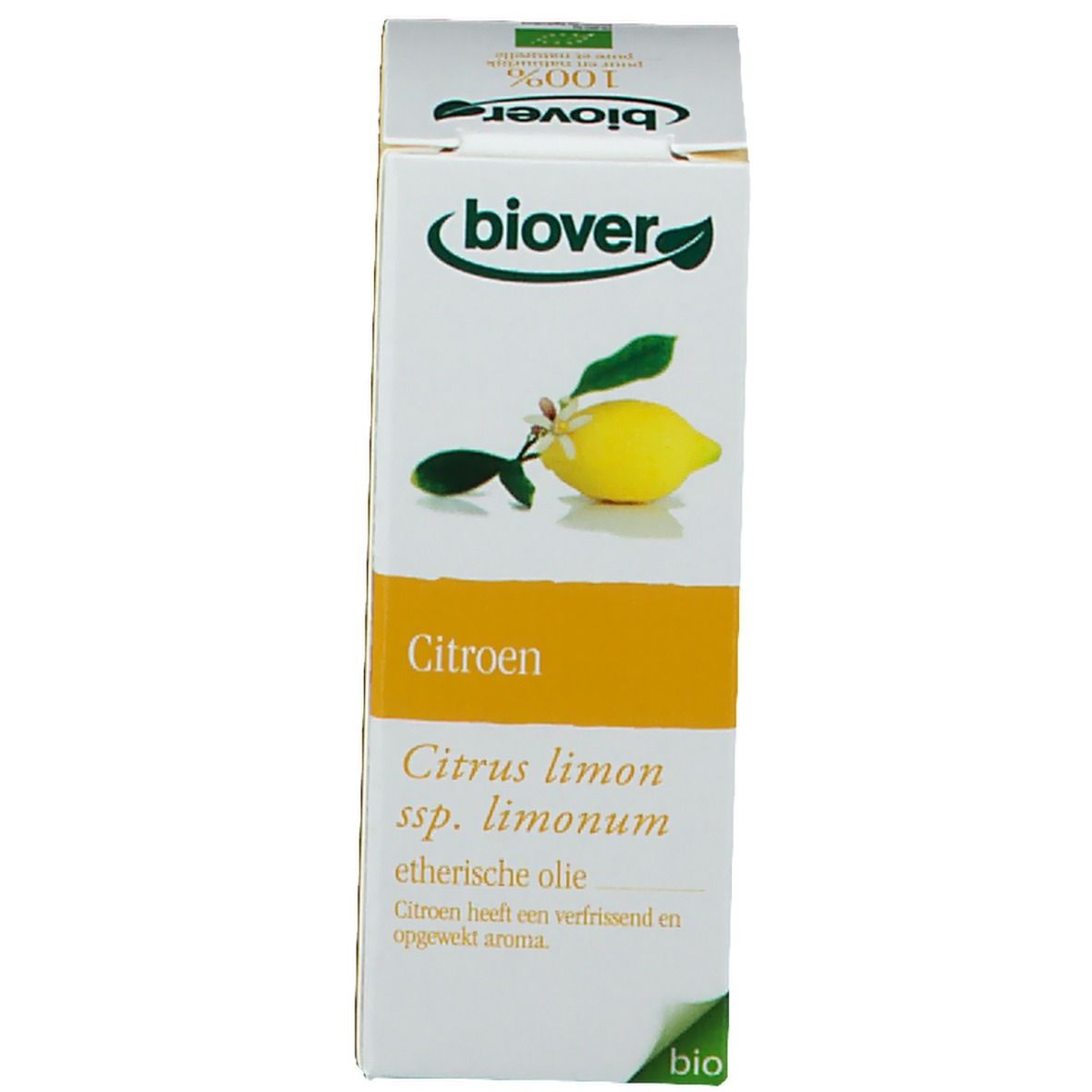 Boîte avec logo Biover, illustration de citron et texte. Label bio.