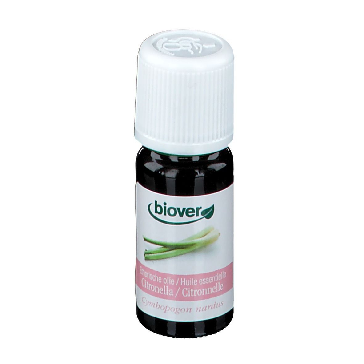 Bruine glazen fles met witte dop. Etiket met productnaam en illustratie van citroengras. Merk Biover.