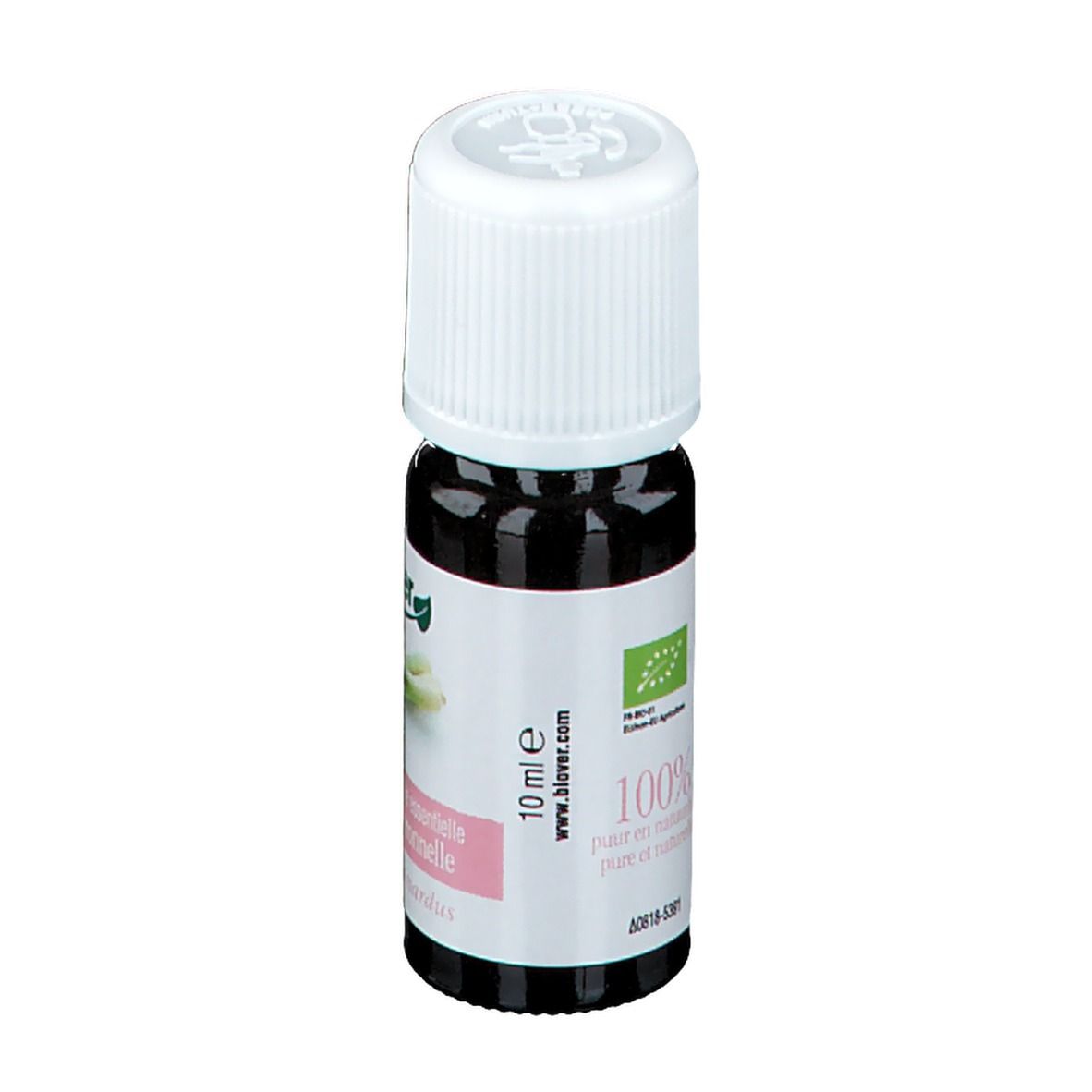 Bruine glazen fles met witte dop. Etiket met productinformatie en bio-label. Merk Biover. 10 ml.
