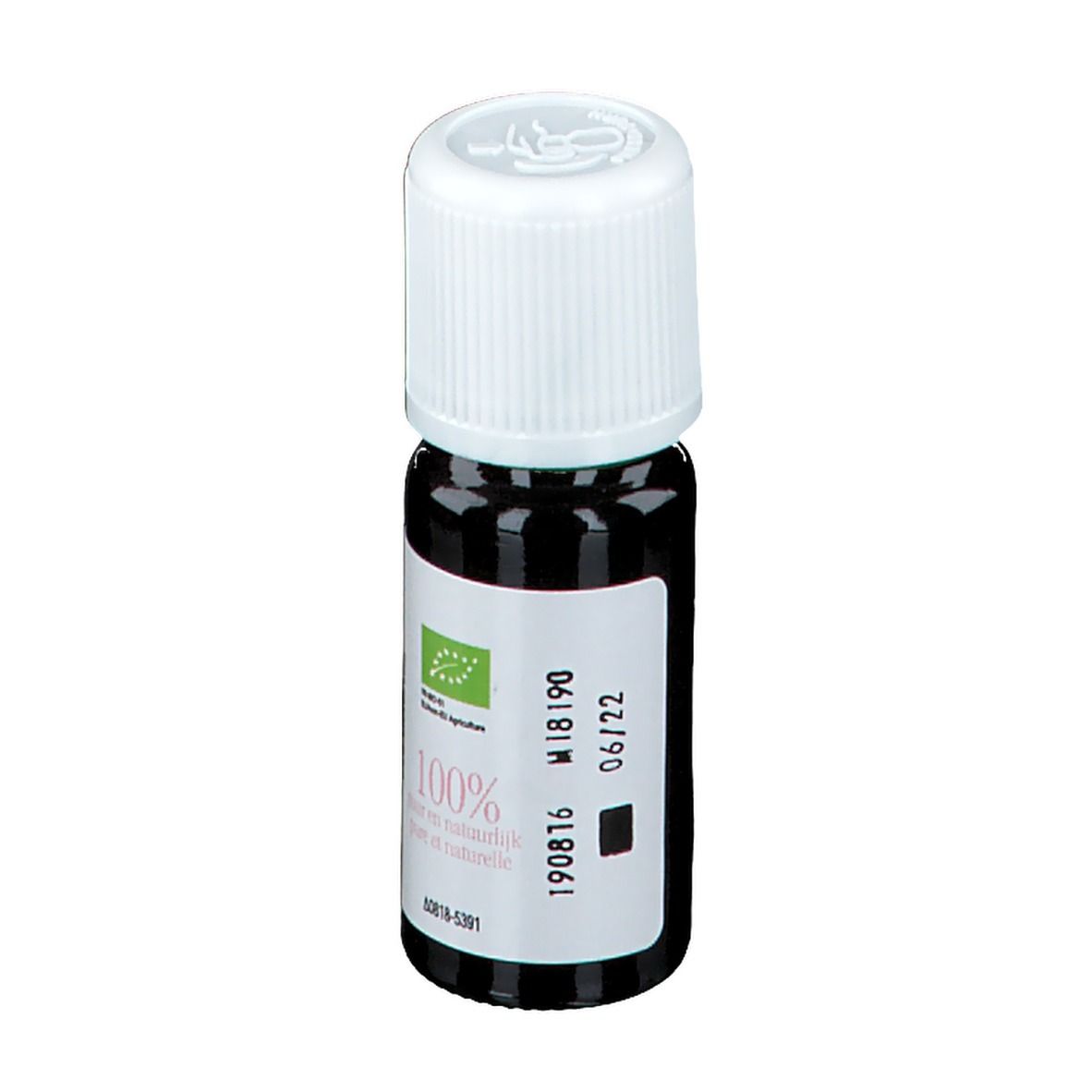 Bruine glazen fles met witte dop. Etiket met productinformatie, bio-label en vervaldatum. Merk Biover.